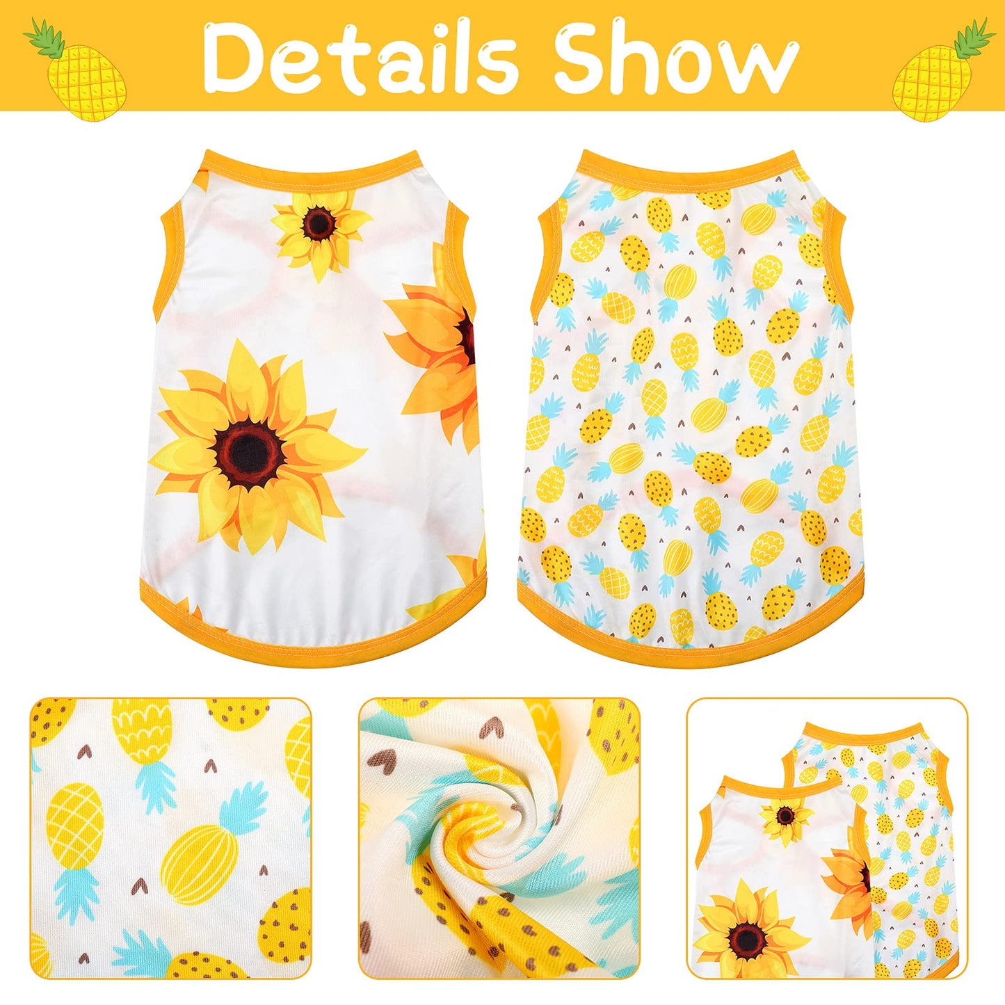 4 Pieces Pet Clothes Set Include 2 Pieces Cute Pet Dress Lovely Fruit Dog Dress and 2 Pieces Dog Shirt Breathable Pet T-Shirt Puppy Clothes for Pet (Pineapple, Sunflower,Medium)