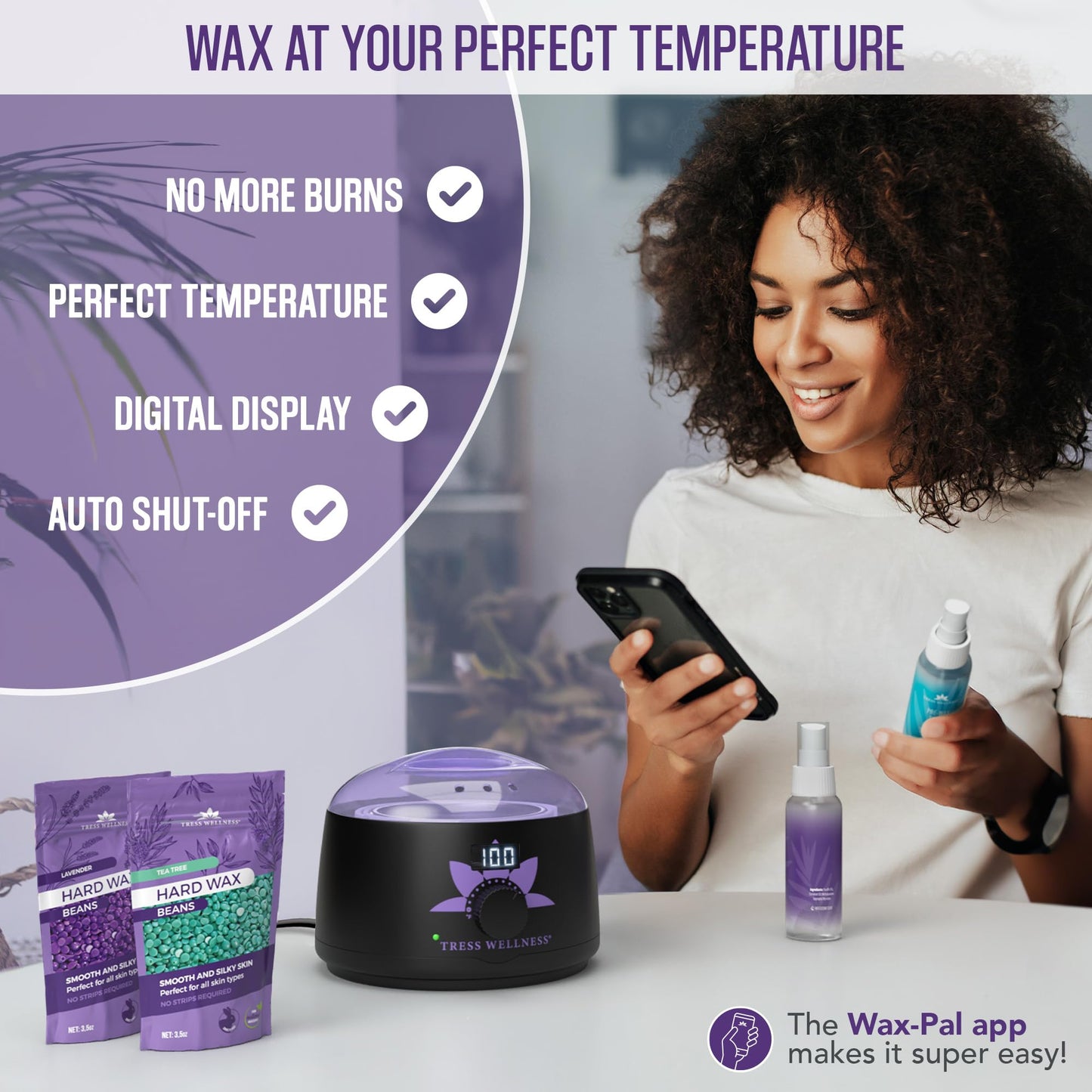 Tress Wellness Waxing Kit for Brazilian Wax - Easy to Use - For Sensitive Skin - Digital Display, Black Purple Flower