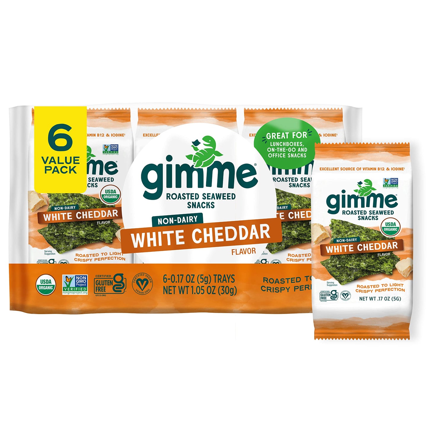 gimMe - Sea Salt Organic Roasted Seaweed Sheets Keto, Vegan, Gluten Free Great Source of Iodine & Omega 3’s Healthy On-The-Go Snack for Kids Adults 6 Count( Pack 1)