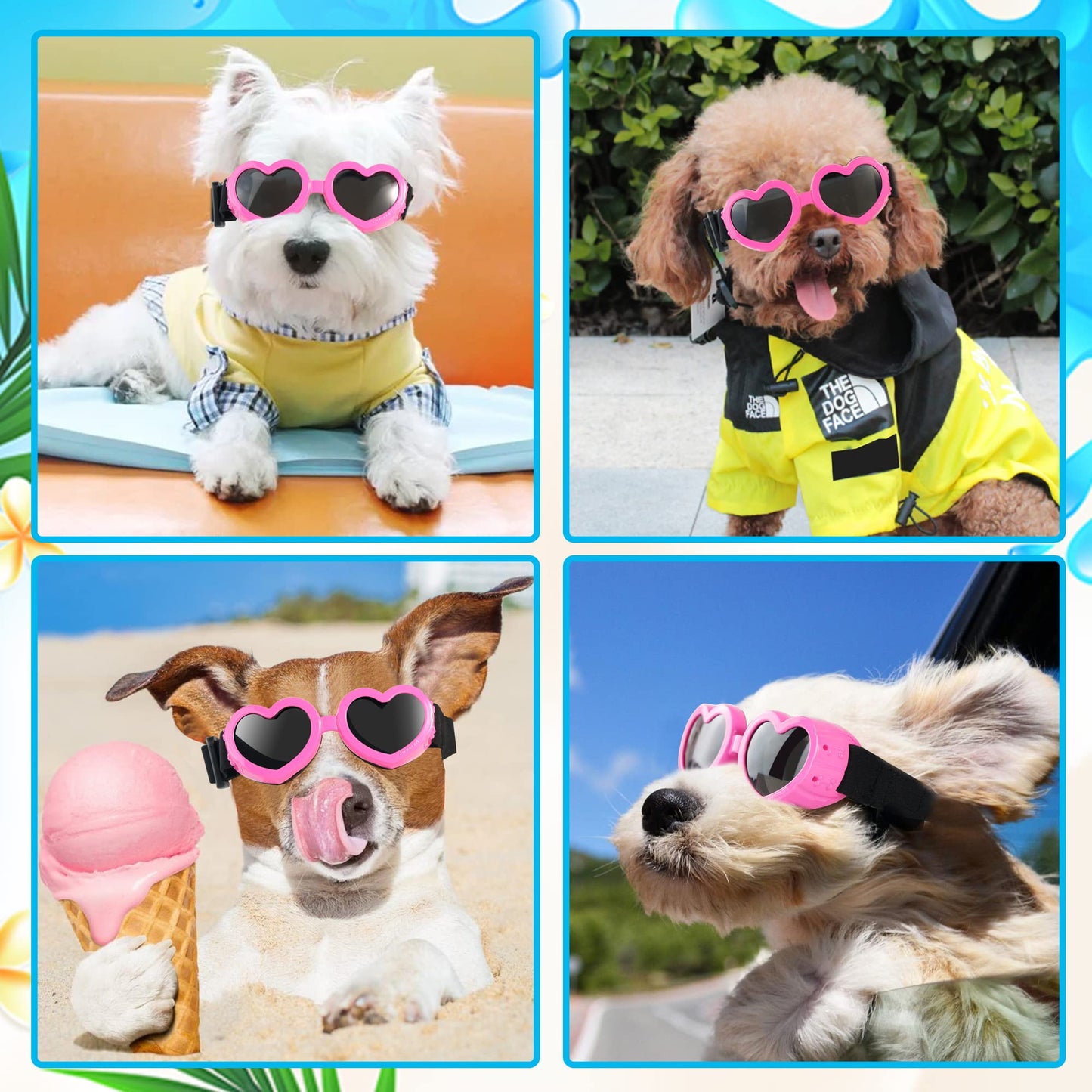 Dog Sunglasses Small Breed,UV Protection Dog Sunglasses with Adjustable Strap, Heart Dog Goggles for Waterproof Windproof Anti-Fog Eye Protection,Beach Accessories for Puppy (Pink)