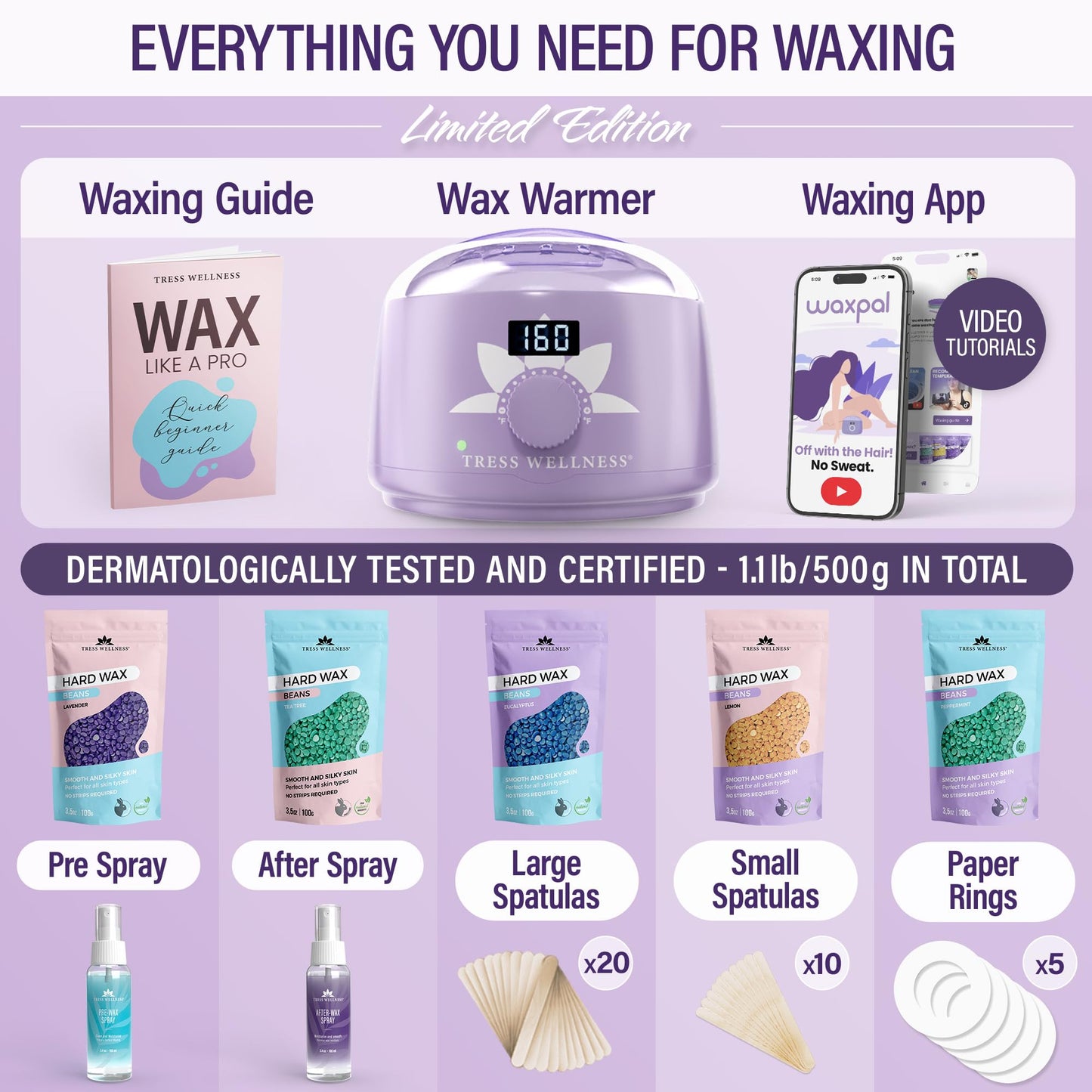 Tress Wellness Waxing Kit for Brazilian Wax - Easy to Use - For Sensitive Skin - Digital Display, Black Purple Flower