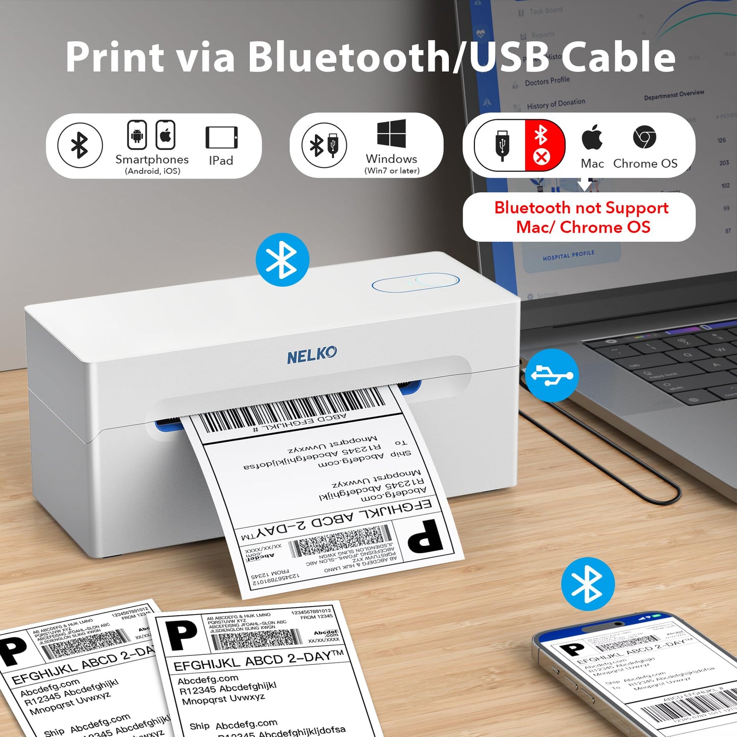 Nelko Bluetooth Thermal Shipping Label Printer, Wireless 4x6 Shipping Label Printer for Shipping Packages, Support Android, iPhone and Windows, Widely Used for Amazon, Ebay, Shopify, Etsy, USPS