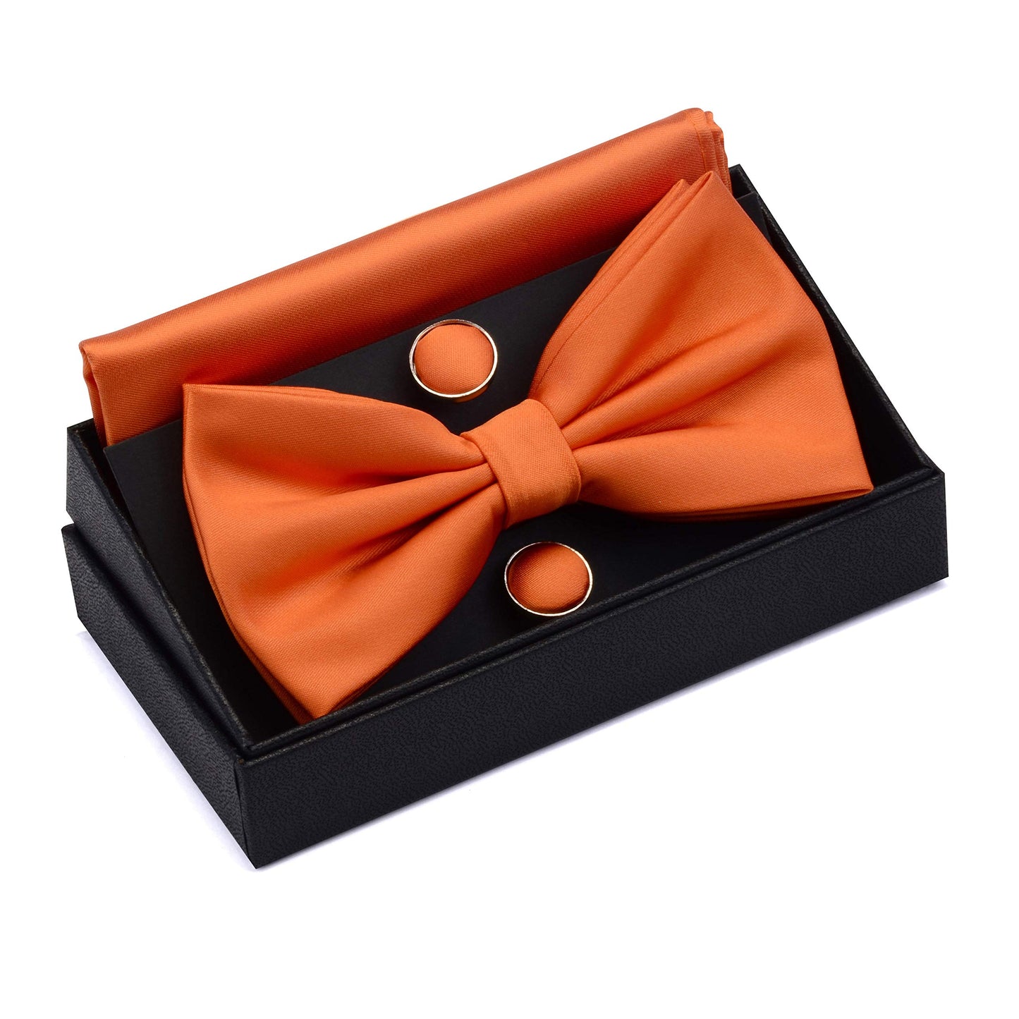 GUSLESON Mens Solid Color Double Fold Pre-tied Bow Tie and Pocket Square Cufflink Set with Gift Box