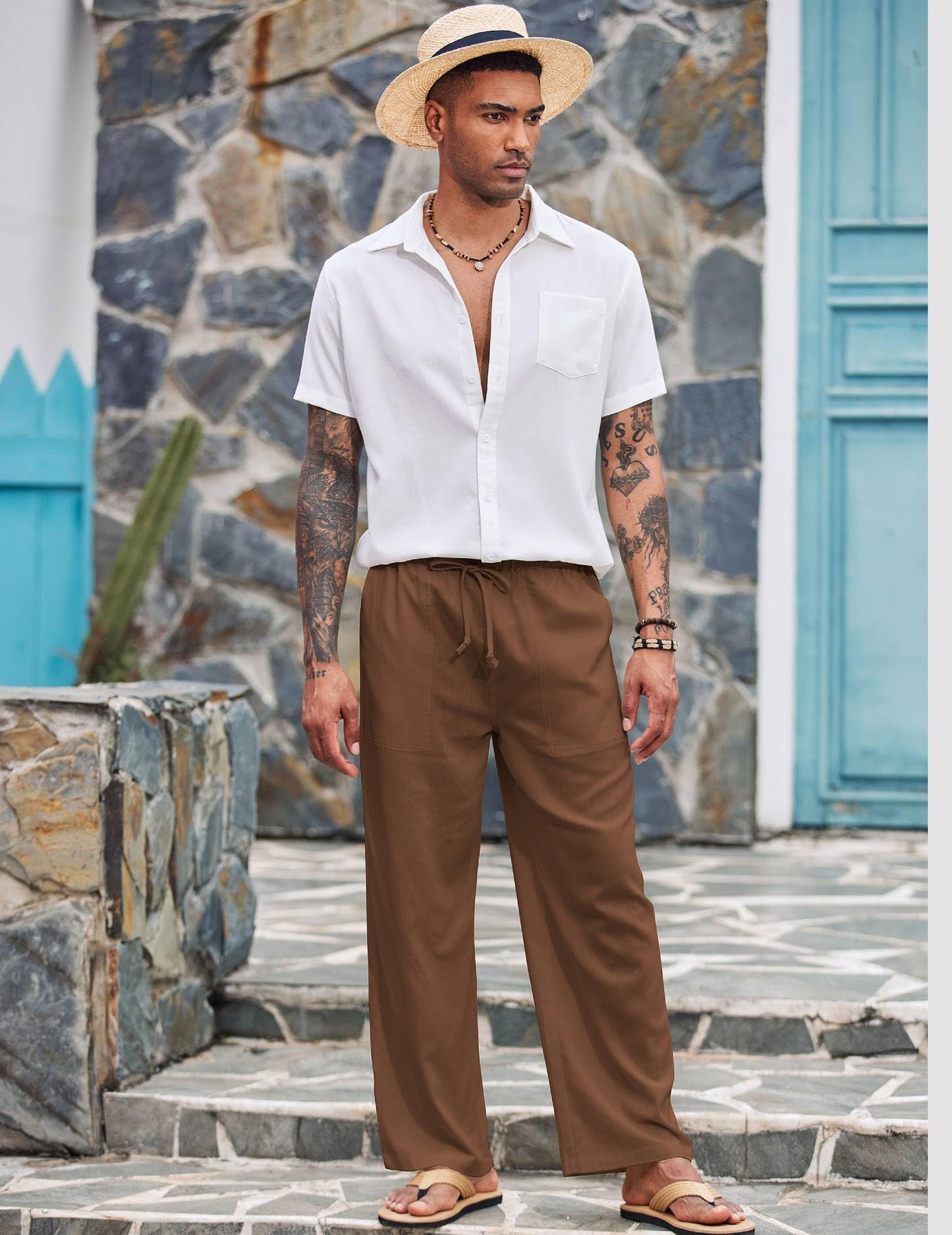 COOFANDY Mens Linen Drawstring Pants Elastic Waist Lightweight Trouser Casual Yoga Summer Beach Pant