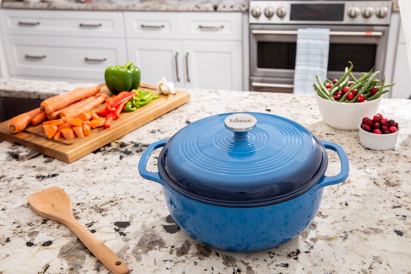 Lodge 6 Quart Enameled Cast Iron Dutch Oven with Lid – Dual Handles – Oven Safe up to 500° F or on Stovetop - Use to Marinate, Cook, Bake, Refrigerate and Serve – Oyster White