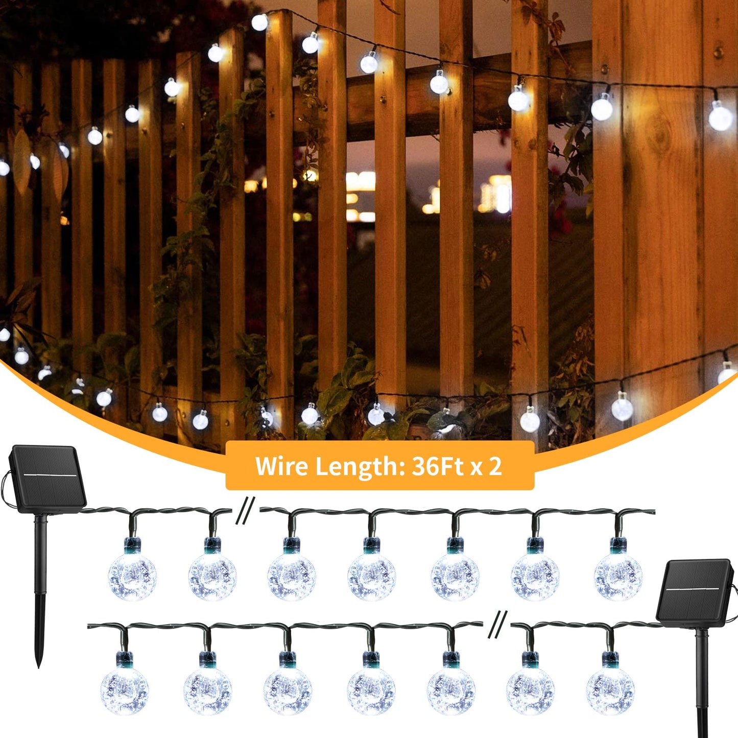 Solar String Lights Outdoor 60 LED 36FT Crystal Globe Lights with 8 Lighting Modes, Waterproof Solar Powered Patio Lights for Garden Yard Porch Wedding Party Decor (Warm White)