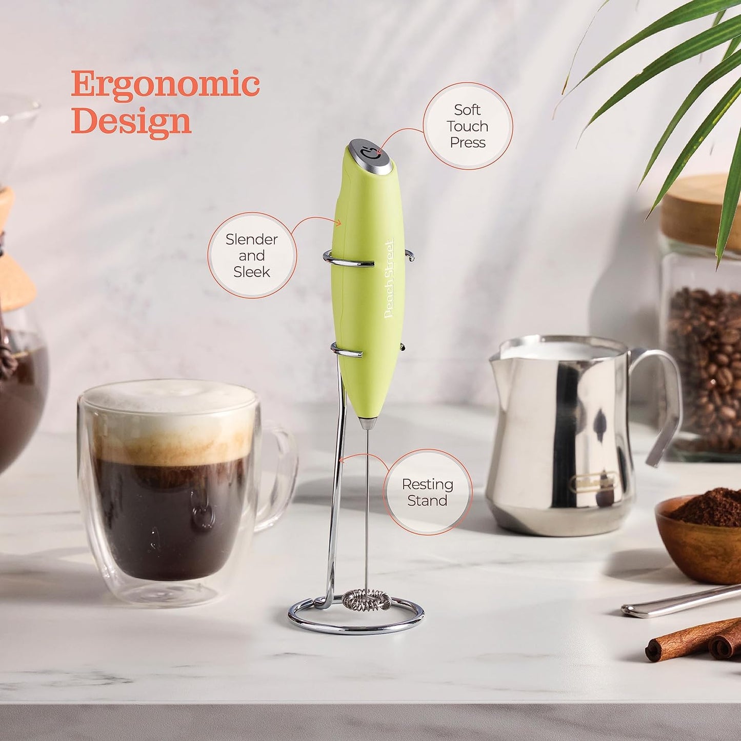 Powerful Handheld Milk Frother, Mini Milk Frother Wand, Battery Operated Stainless Steel Drink Mixer - Milk Frother Stand for Milk Coffee, Lattes, Cappuccino, Frappe, Matcha, Hot Chocolate. Great Gift