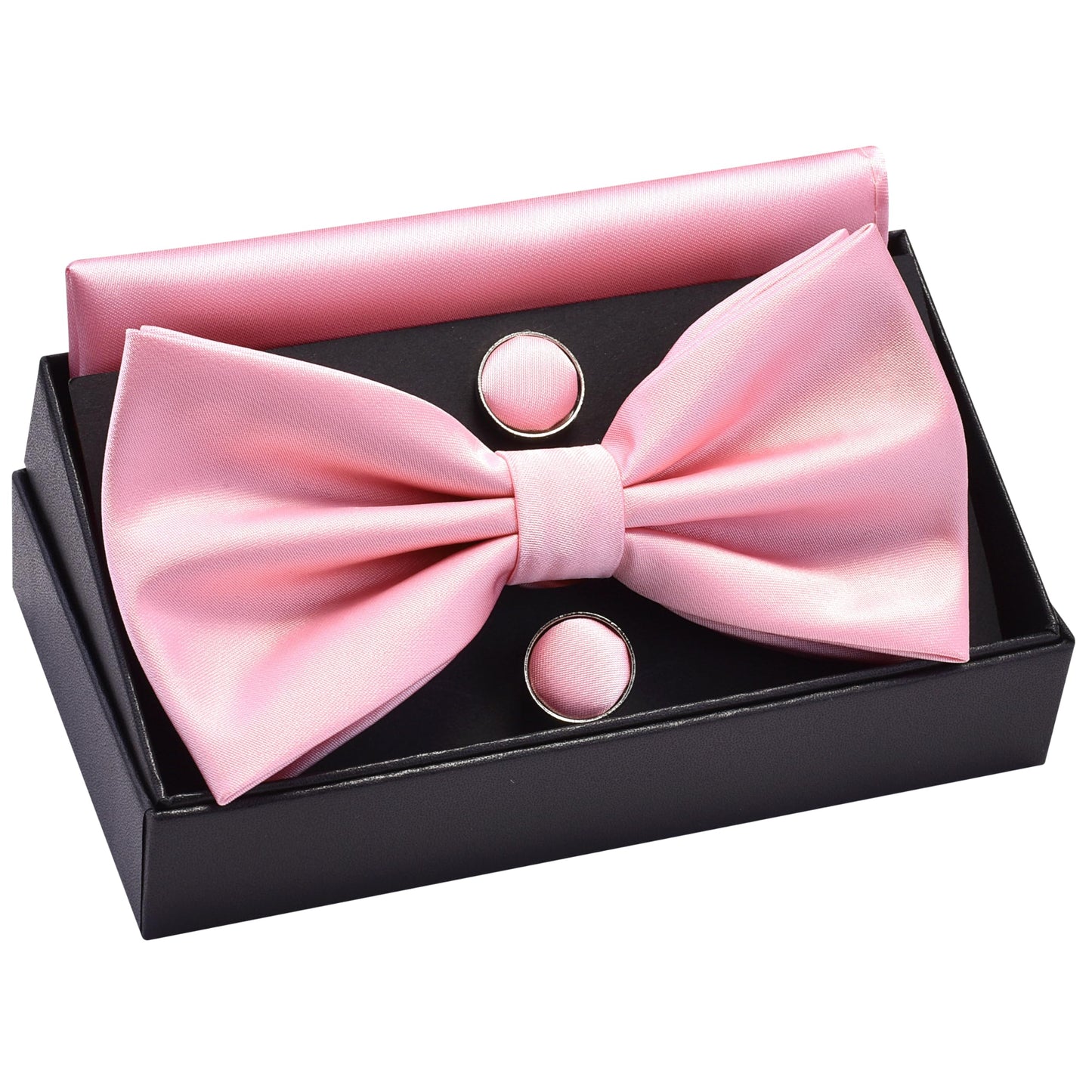 GUSLESON Mens Solid Color Double Fold Pre-tied Bow Tie and Pocket Square Cufflink Set with Gift Box