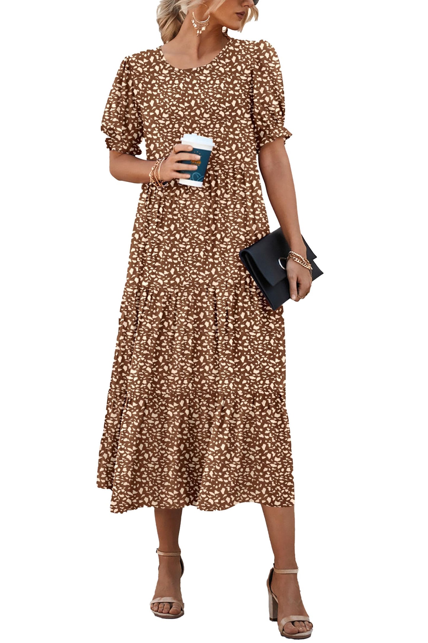 Pretty Garden Womens Summer Casual Boho Dress Floral Print Ruffle Puff Sleeve High Waist Midi