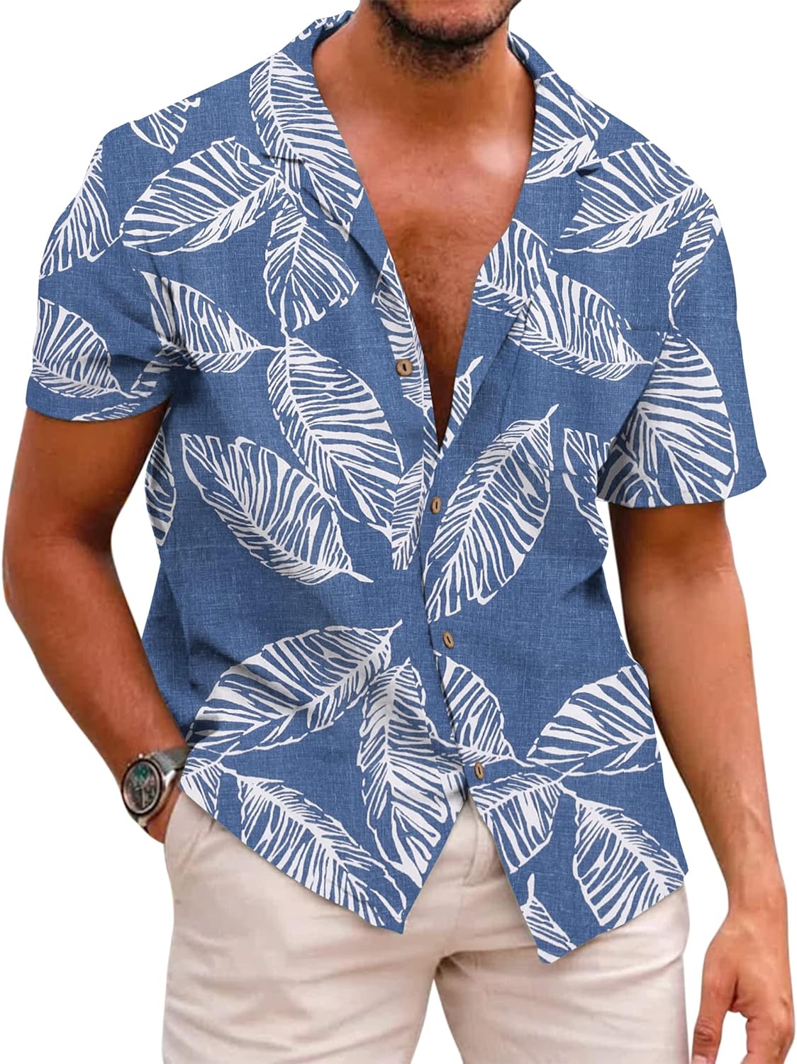 COOFANDY Men's Hawaiian Floral Shirts Cotton Linen Button Down Tropical Holiday Beach Shirts