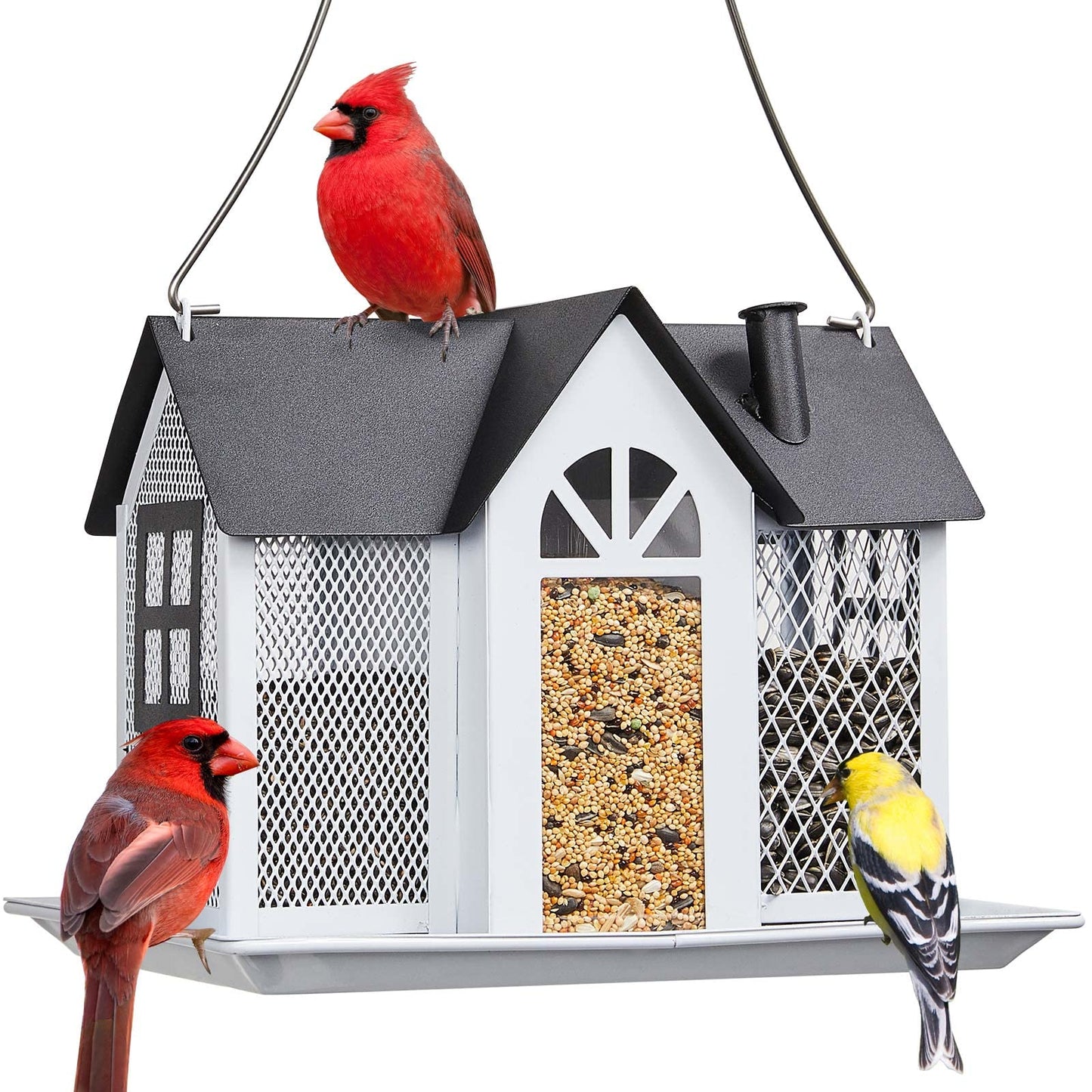 Kingsyard Bird Feeder House for Outside, Metal Mesh Wild Bird Feeder with Triple Feeders for Finch Cardinal Chickadee, Large Capacity, Weatherproof and Durable