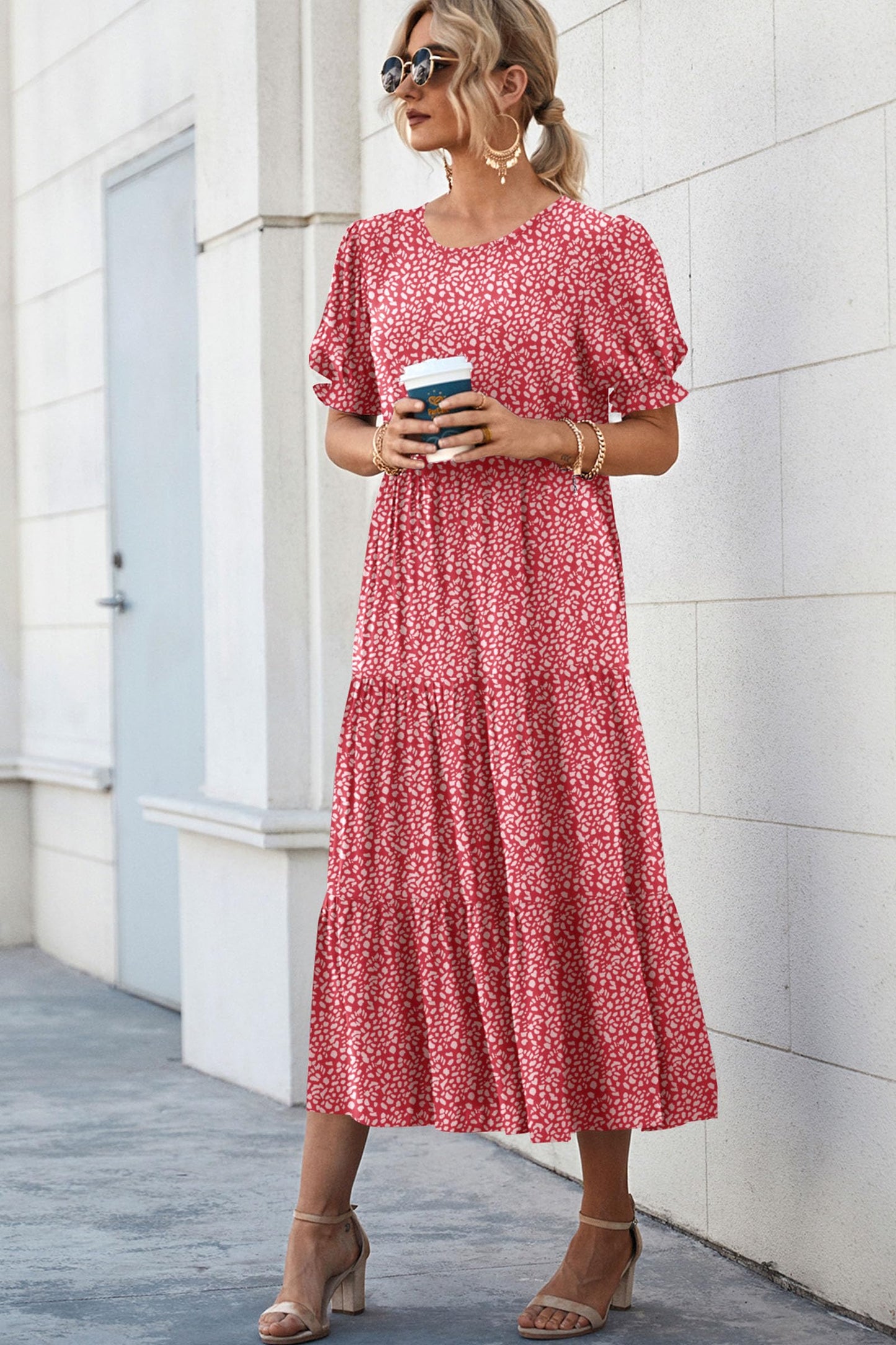 Pretty Garden Womens Summer Casual Boho Dress Floral Print Ruffle Puff Sleeve High Waist Midi