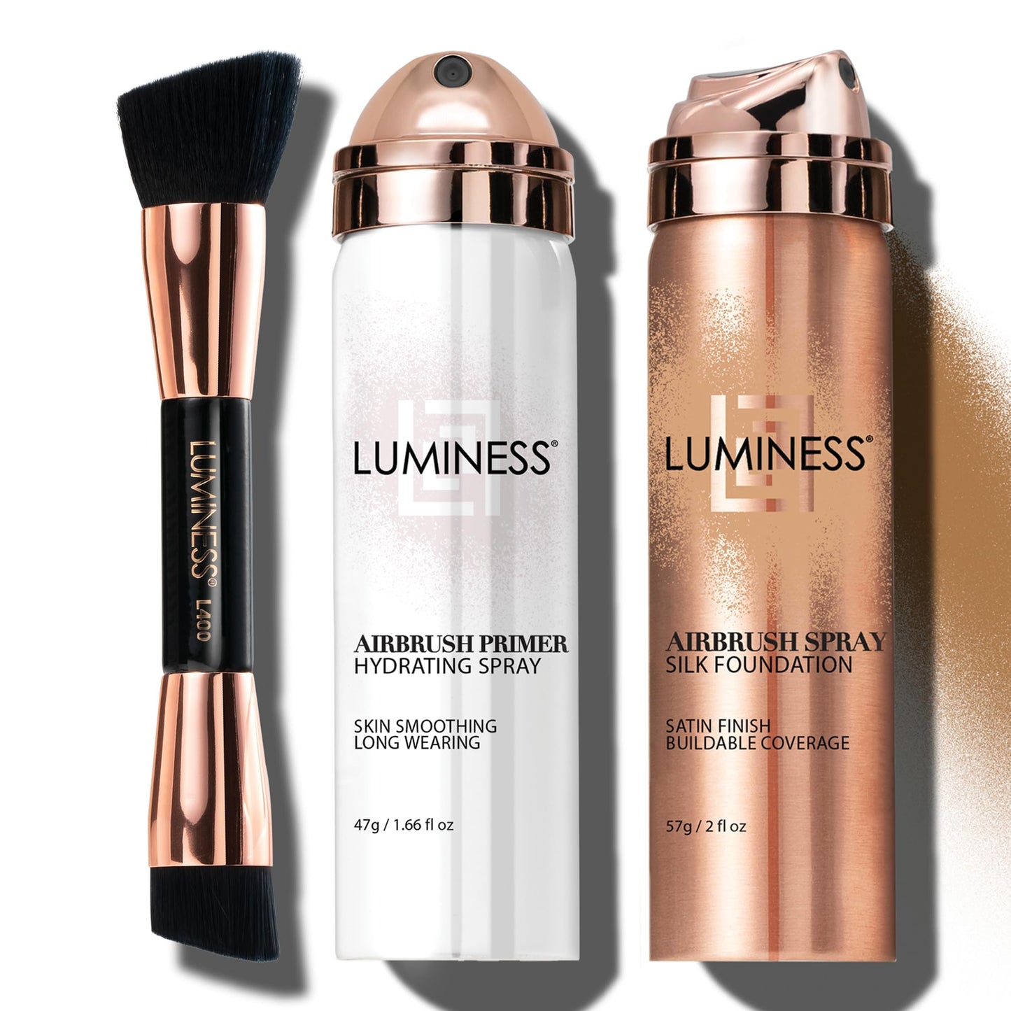 LUMINESS Airbrush Spray Silk Foundation Starter Kit - Medium Dark - Foundation, Primer & Dual-Sided Angled Buffing Brush - Medium, Buildable Coverage, Anti-Aging Formula Hydrates & Moisturizes