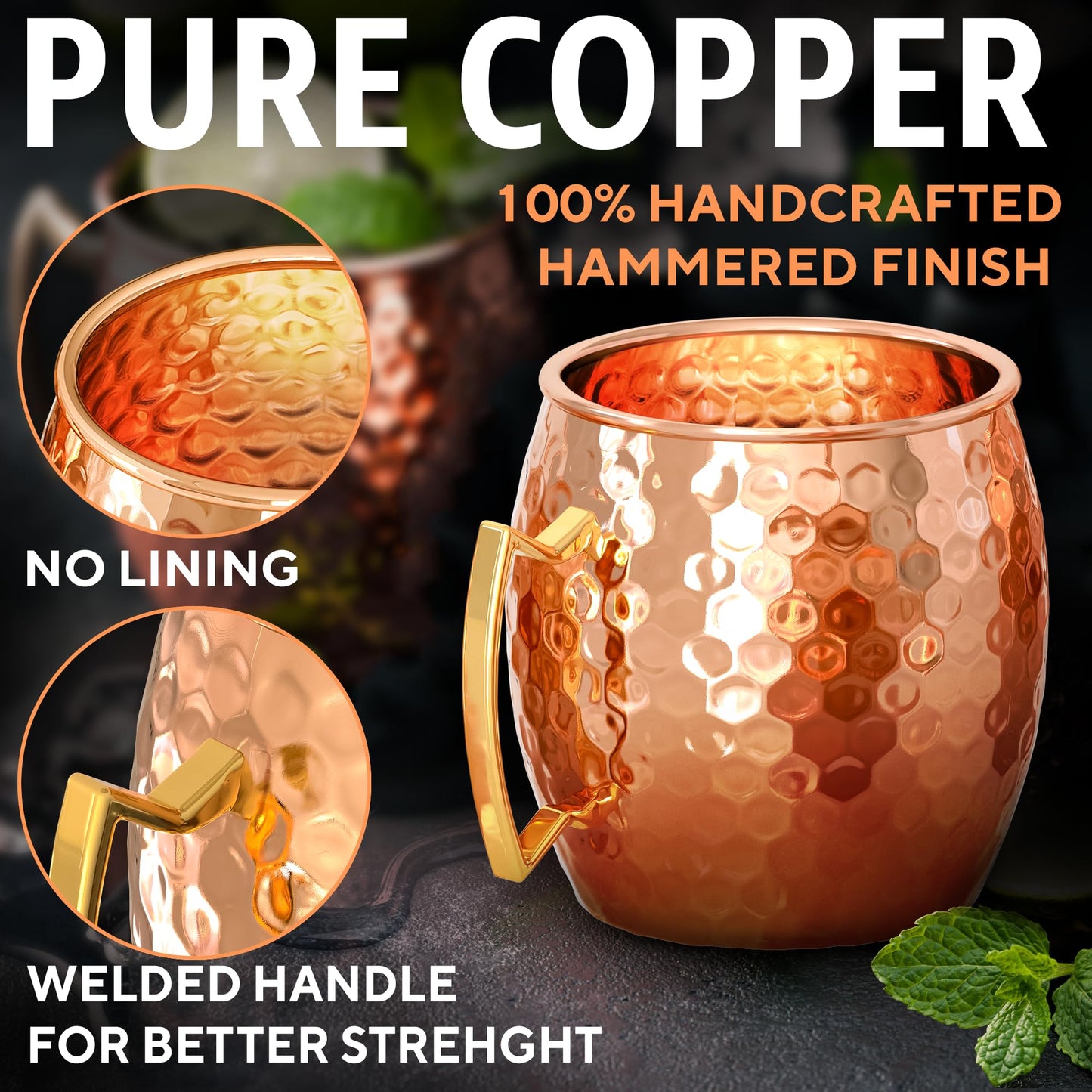 Benicci Moscow Mule Copper Mugs - Set of 4-100% HANDCRAFTED - Food Safe Pure Solid Copper Mugs - 16 oz Christmas Gift Set with Premium Quality Cocktail Copper Straws and Jigger!