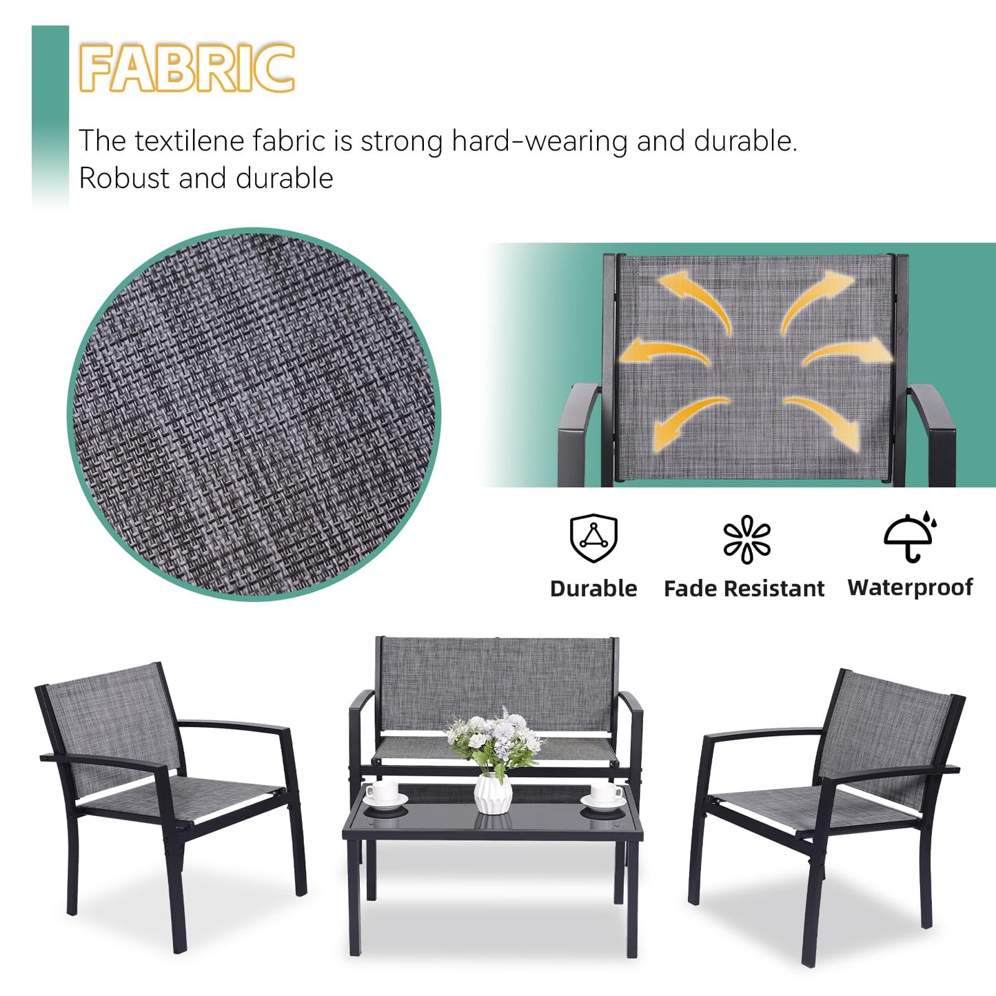 PAIQIAN 4 Pieces Patio Furniture Set Outdoor Garden Patio Conversation Sets Poolside Lawn Chairs with Tempered Glass Coffee Table Loveseat Porch Furniture Textilene Fabric Grey