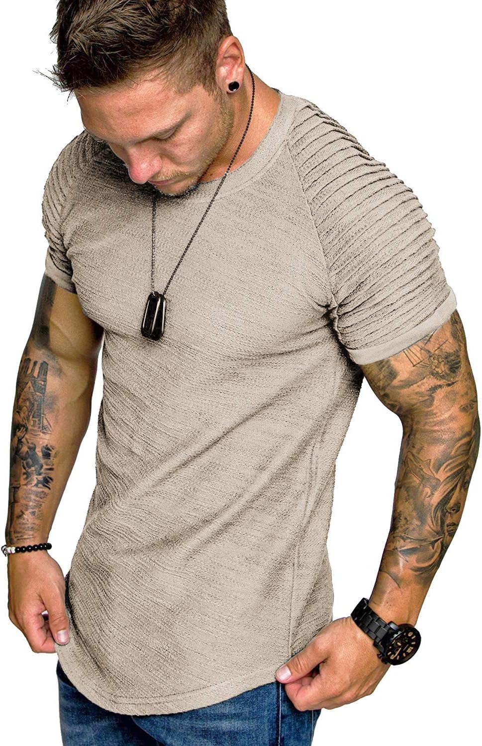 COOFANDY Men's Muscle T-Shirt Pleated Raglan Sleeve Bodybuilding Gym Tee Short Sleeve Fashion Workout Shirts Hipster Shirt