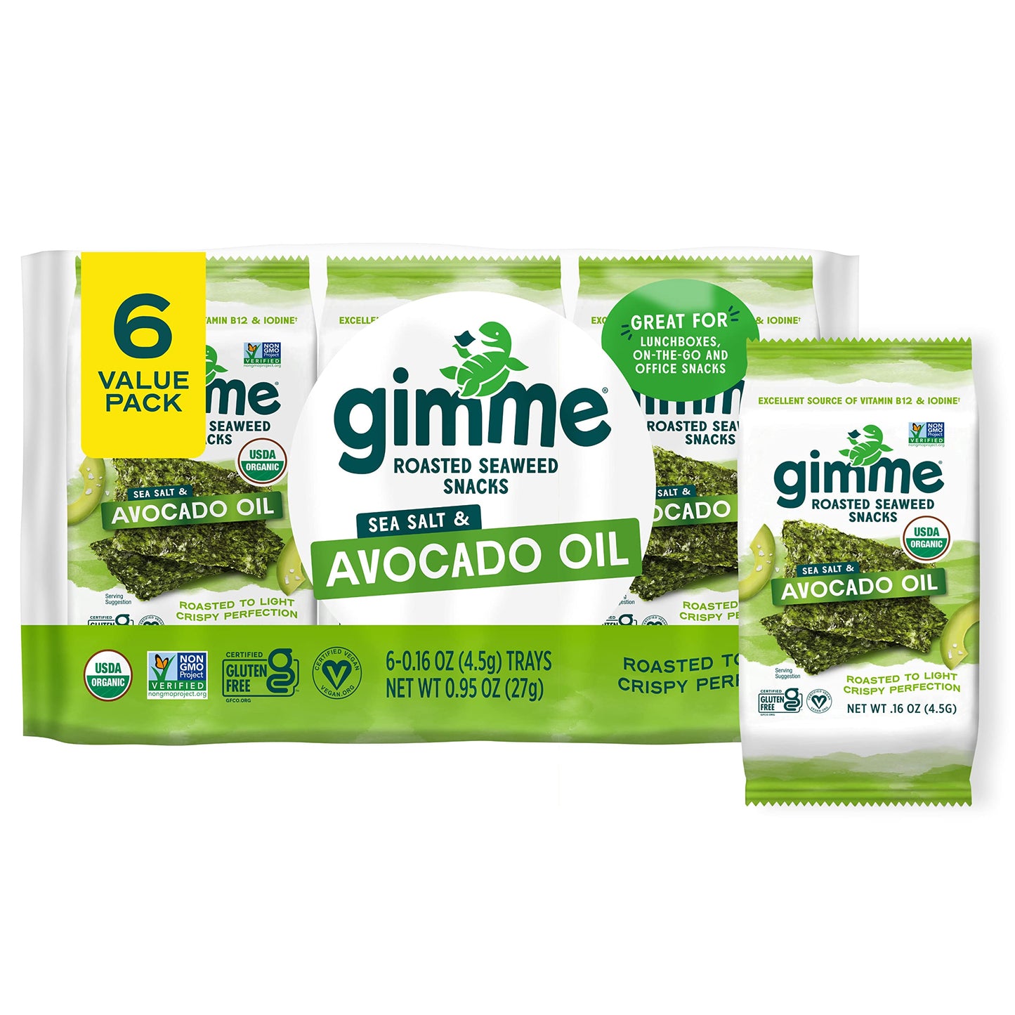 gimMe - Sea Salt Organic Roasted Seaweed Sheets Keto, Vegan, Gluten Free Great Source of Iodine & Omega 3’s Healthy On-The-Go Snack for Kids Adults 6 Count( Pack 1)