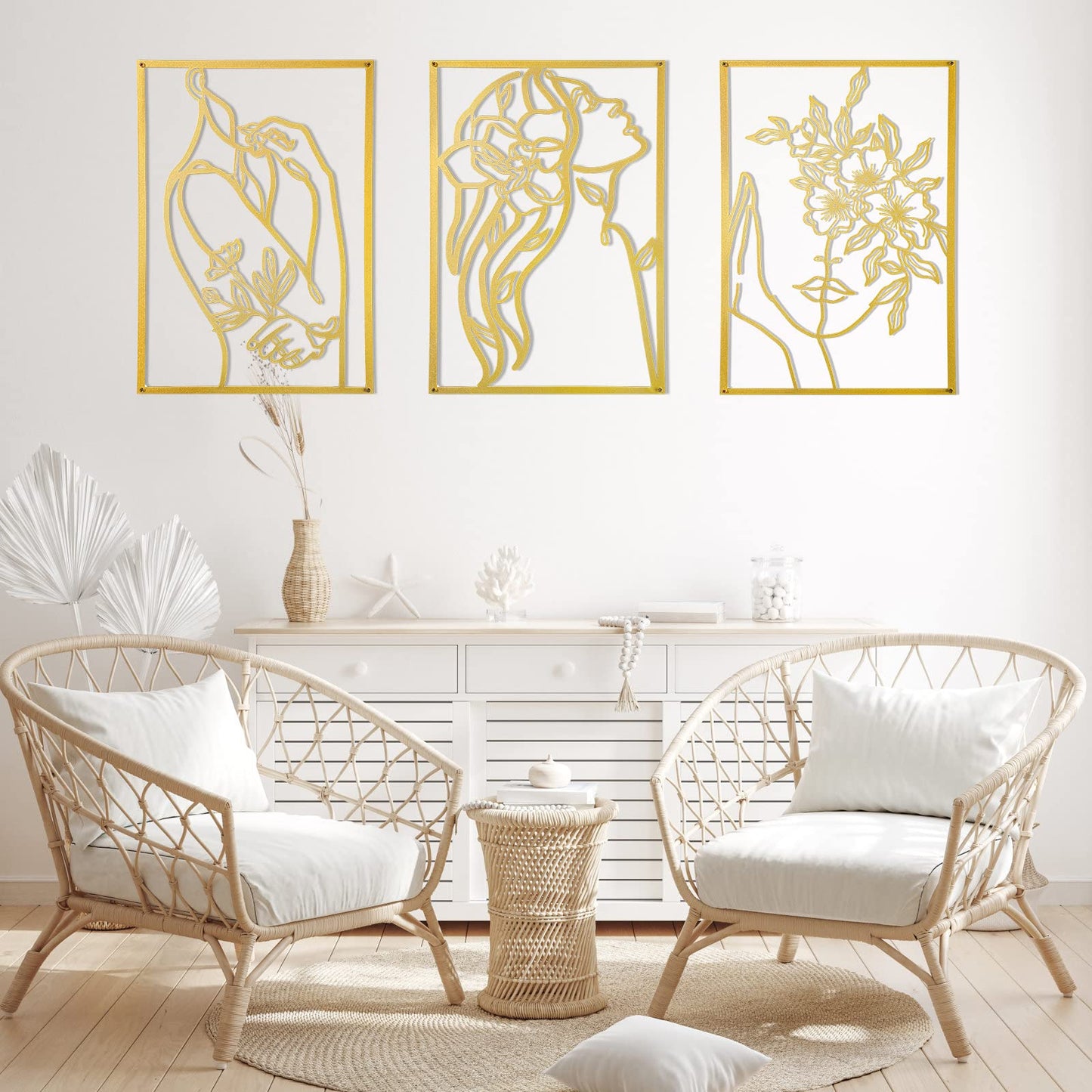 AGIOTA 3 Pcs Gold Wall Decor Above Bed Minimalist for Living Room Metal Line Art - Female Body, Gold Room Decor for Bedroom Modern Wall Art for Indoor 15inch