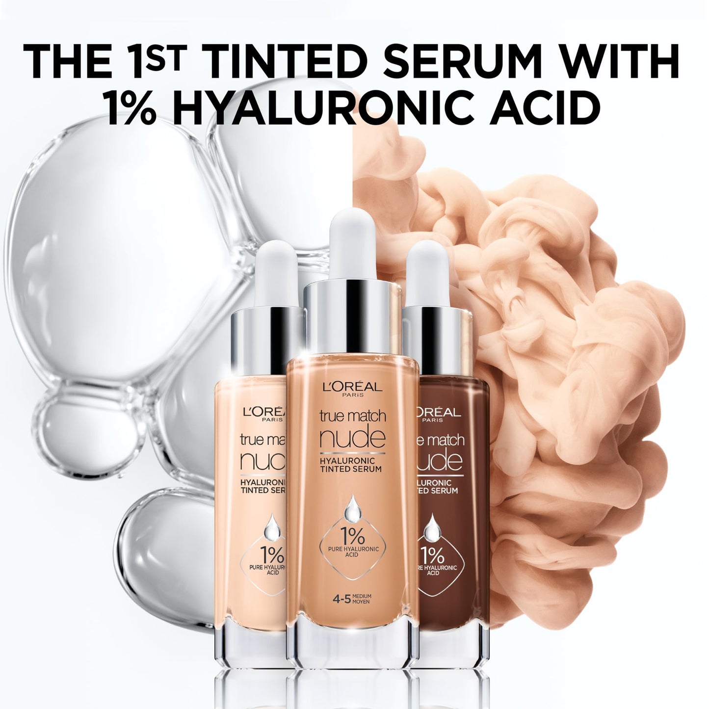 L'Oreal Paris True Match Nude Hyaluronic Tinted Serum Foundation with 1% Hyaluronic acid, Light 2-3, 1 fl. oz.