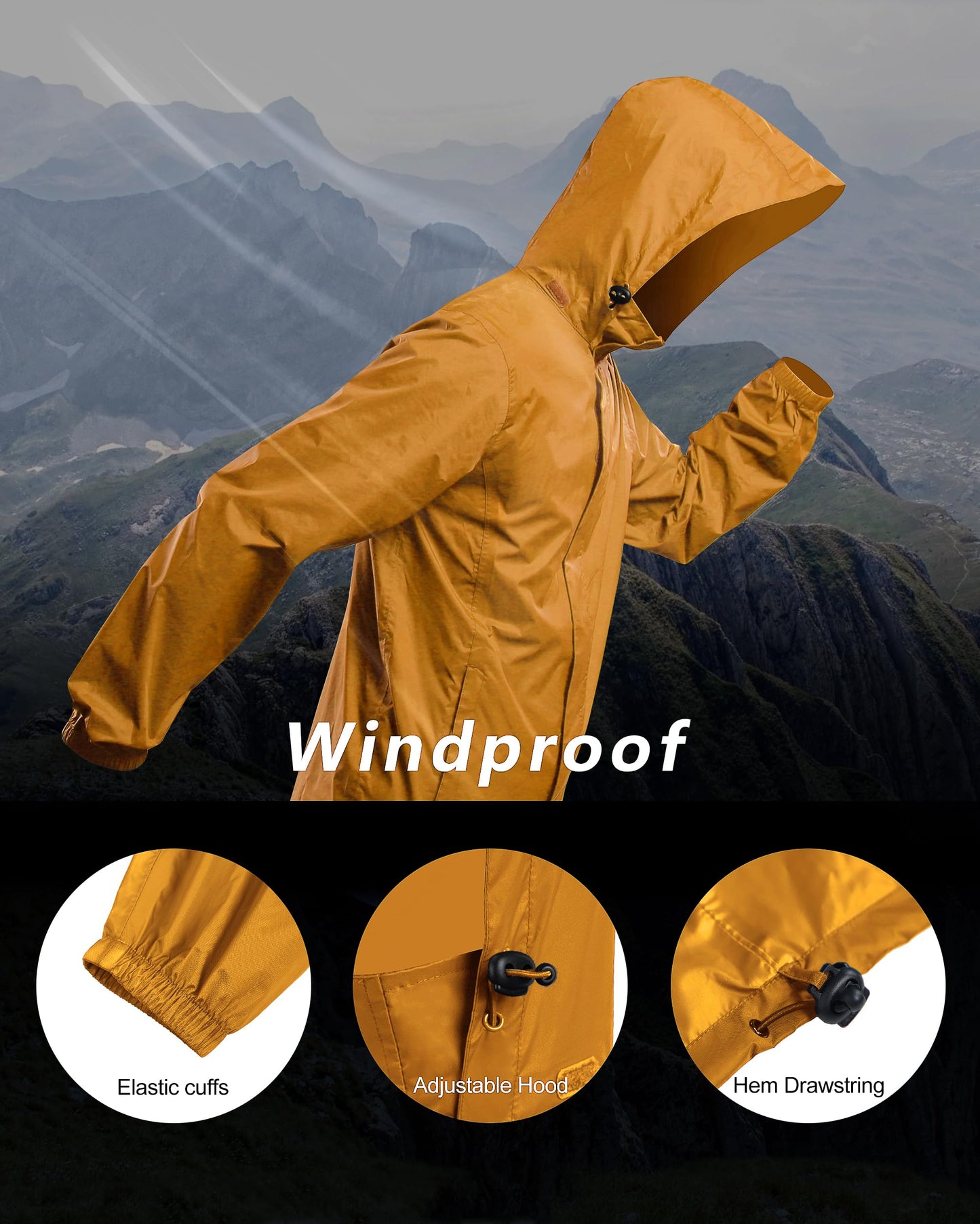 Outdoor Ventures Men's Rain Jacket Waterproof Lightweight Packable Rain Shell Raincoat with Hood for Golf Hiking Travel