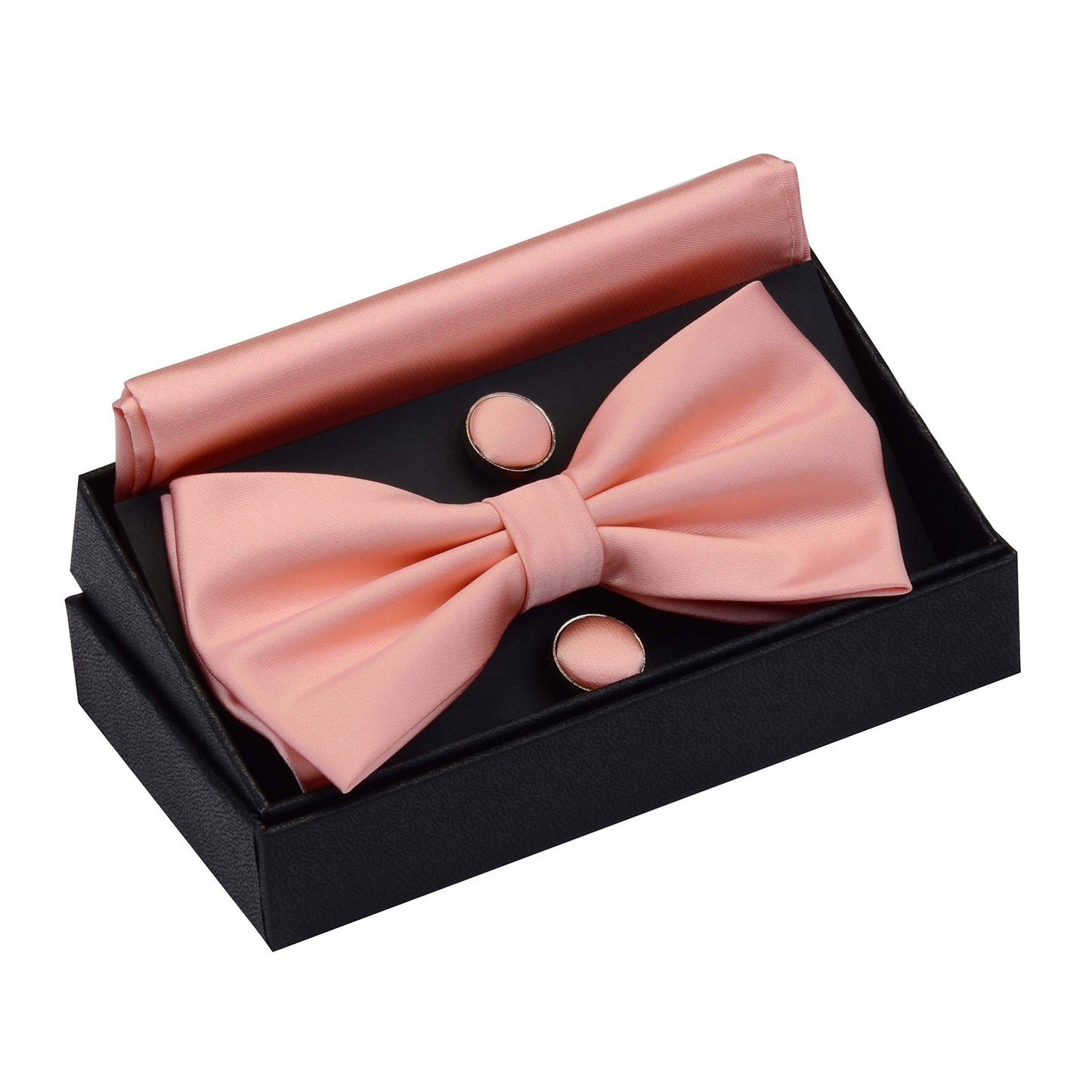 GUSLESON Mens Solid Color Double Fold Pre-tied Bow Tie and Pocket Square Cufflink Set with Gift Box