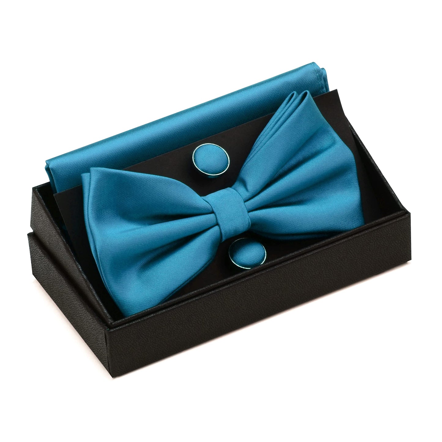 GUSLESON Mens Solid Color Double Fold Pre-tied Bow Tie and Pocket Square Cufflink Set with Gift Box