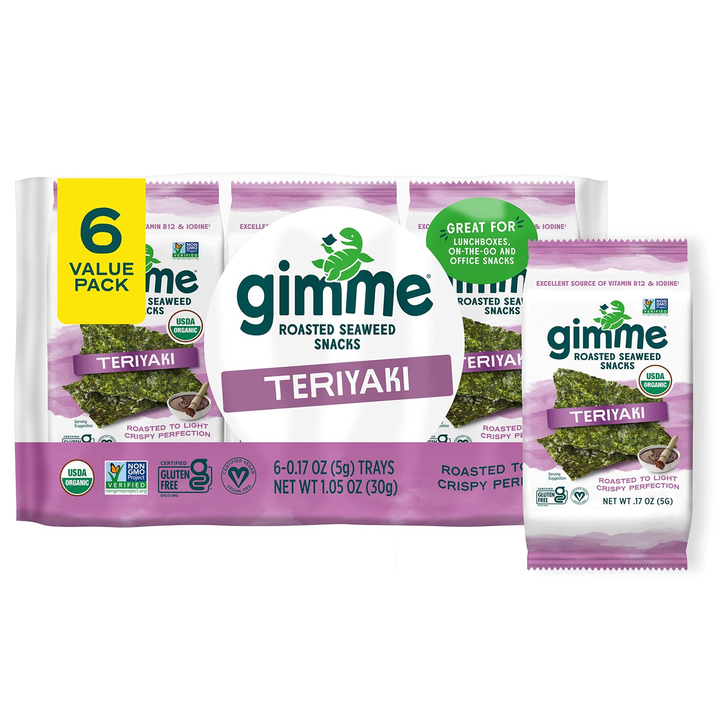 gimMe - Sea Salt Organic Roasted Seaweed Sheets Keto, Vegan, Gluten Free Great Source of Iodine & Omega 3’s Healthy On-The-Go Snack for Kids Adults 6 Count( Pack 1)