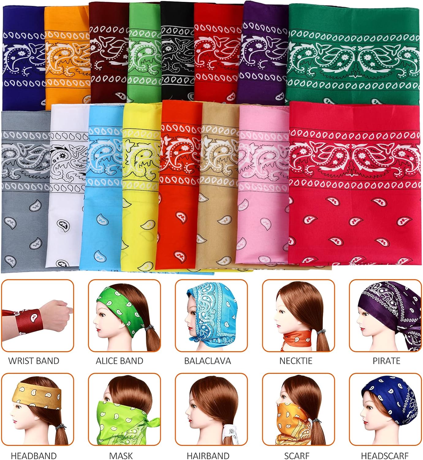 E-accexpert 16pcs Bandanas Multi-Purpose Party Outdoor Favor Scarf Headband Handkerchiefs for Unisex Women Men Boy Girls