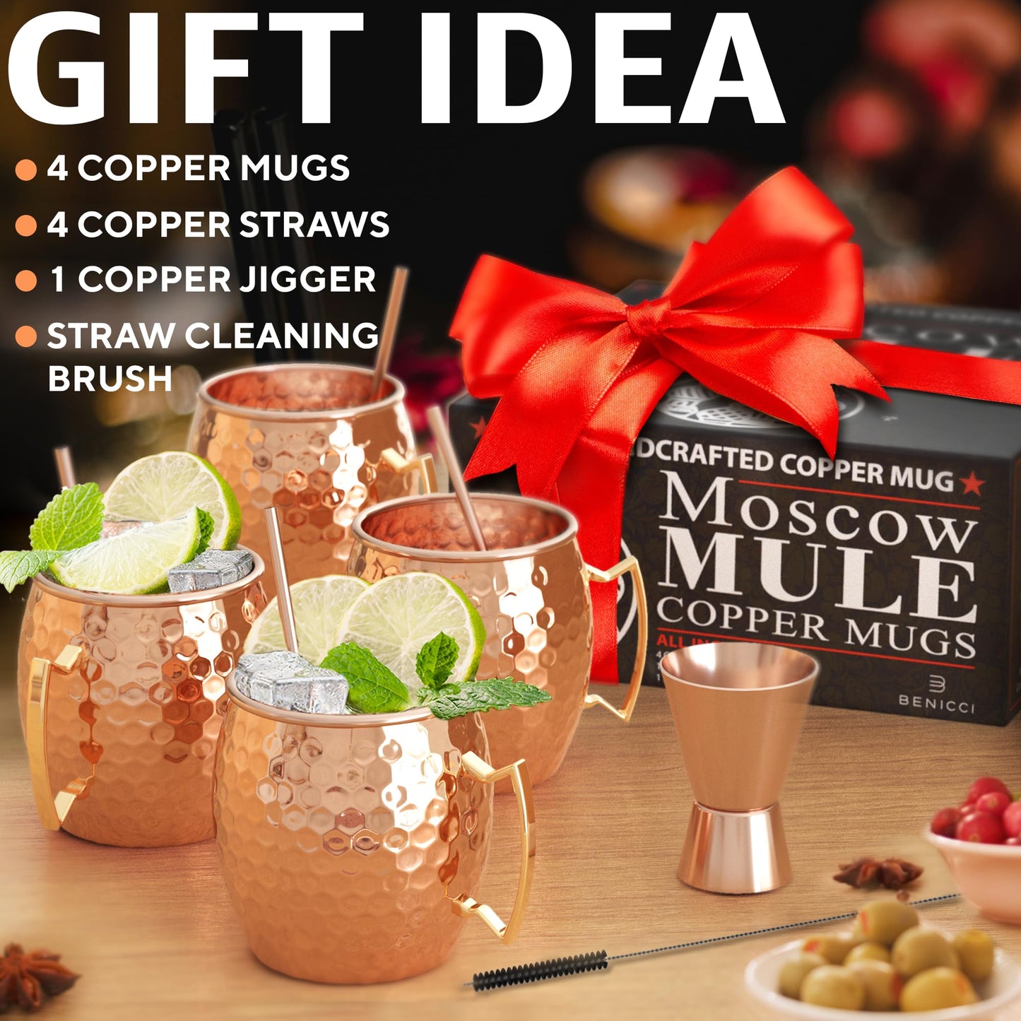 Benicci Moscow Mule Copper Mugs - Set of 4-100% HANDCRAFTED - Food Safe Pure Solid Copper Mugs - 16 oz Christmas Gift Set with Premium Quality Cocktail Copper Straws and Jigger!