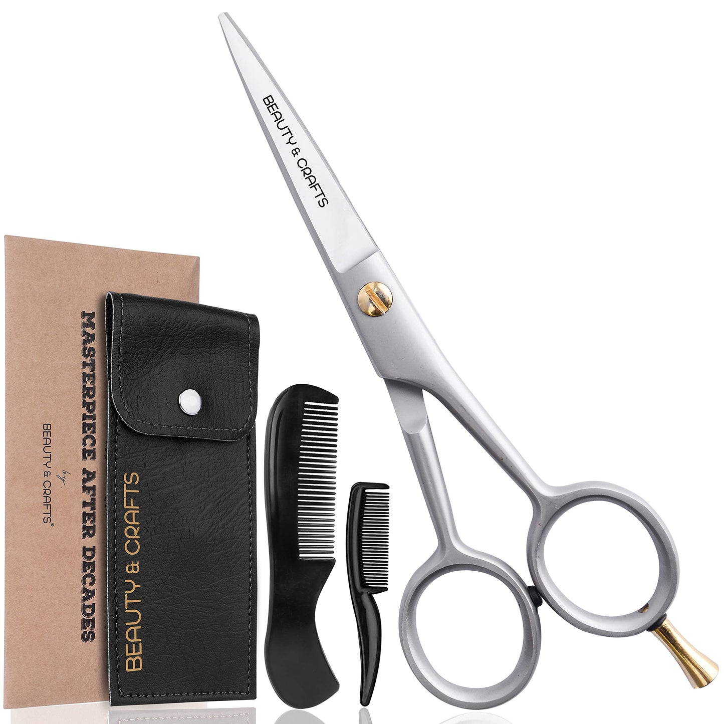 Beauty & Crafts- 5'' German Beard Mustache Scissor- 2 Mustache Combs for Facial Hair with Beautiful Pouch - Beard Trimming Scissors Use for Grooming, Cutting, and Styling of Mustache (Black)