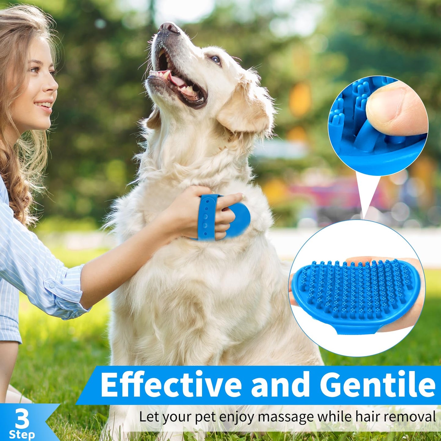 3PCS Dog Bath Brush | Dog Shampoo Brush | Dog Scrubber for Bath | Dog/Grooming/Washing Brush Scrubber with Adjustable Ring Handle for Short & Long Haired Dogs/Cats (Blue Blue White)