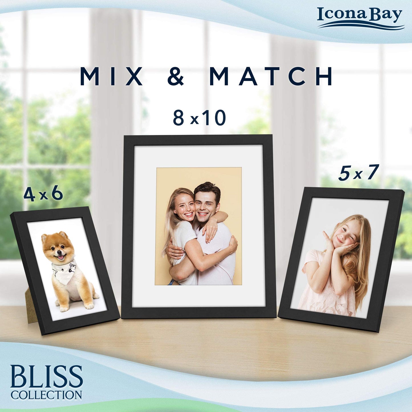 Icona Bay 5x7 Black Picture Frame, Modern Style Wood Composite Frame, Table Top or Wall Mount, Bliss Collection