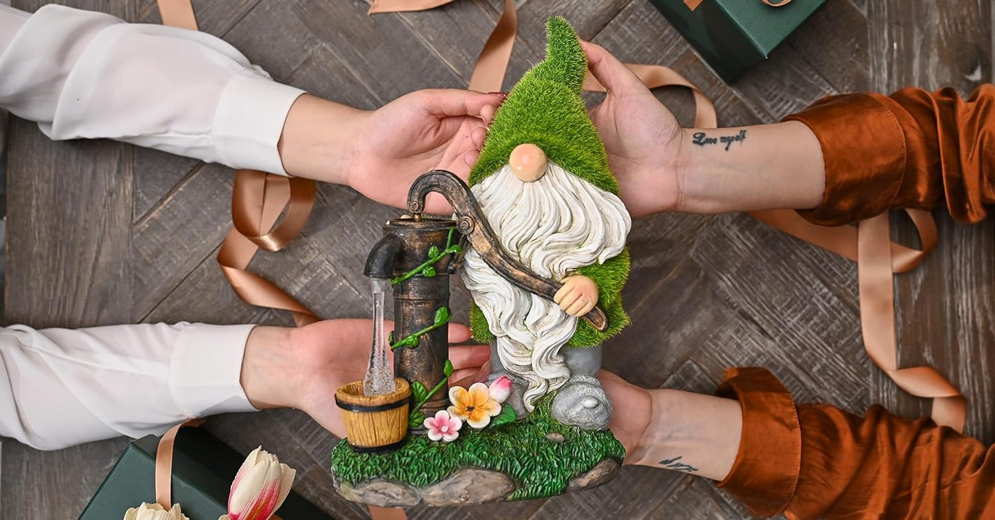 TERESA'S COLLECTIONS Garden Gnomes Decorations for Yard with Solar Outdoor Lights, Flocked Garden Sculptures & Statues for Porch Patio Decor, Gifts for Mom, Garden Decor for Outside,Mothers Day 9.8"