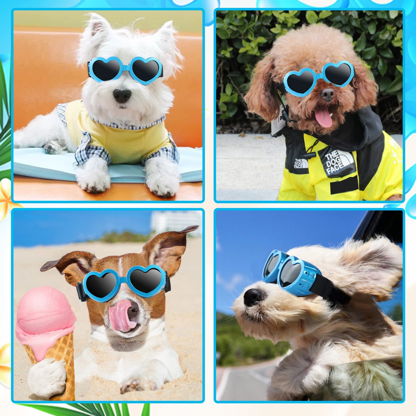 Dog Sunglasses Small Breed,UV Protection Dog Sunglasses with Adjustable Strap, Heart Dog Goggles for Waterproof Windproof Anti-Fog Eye Protection,Beach Accessories for Puppy (Pink)