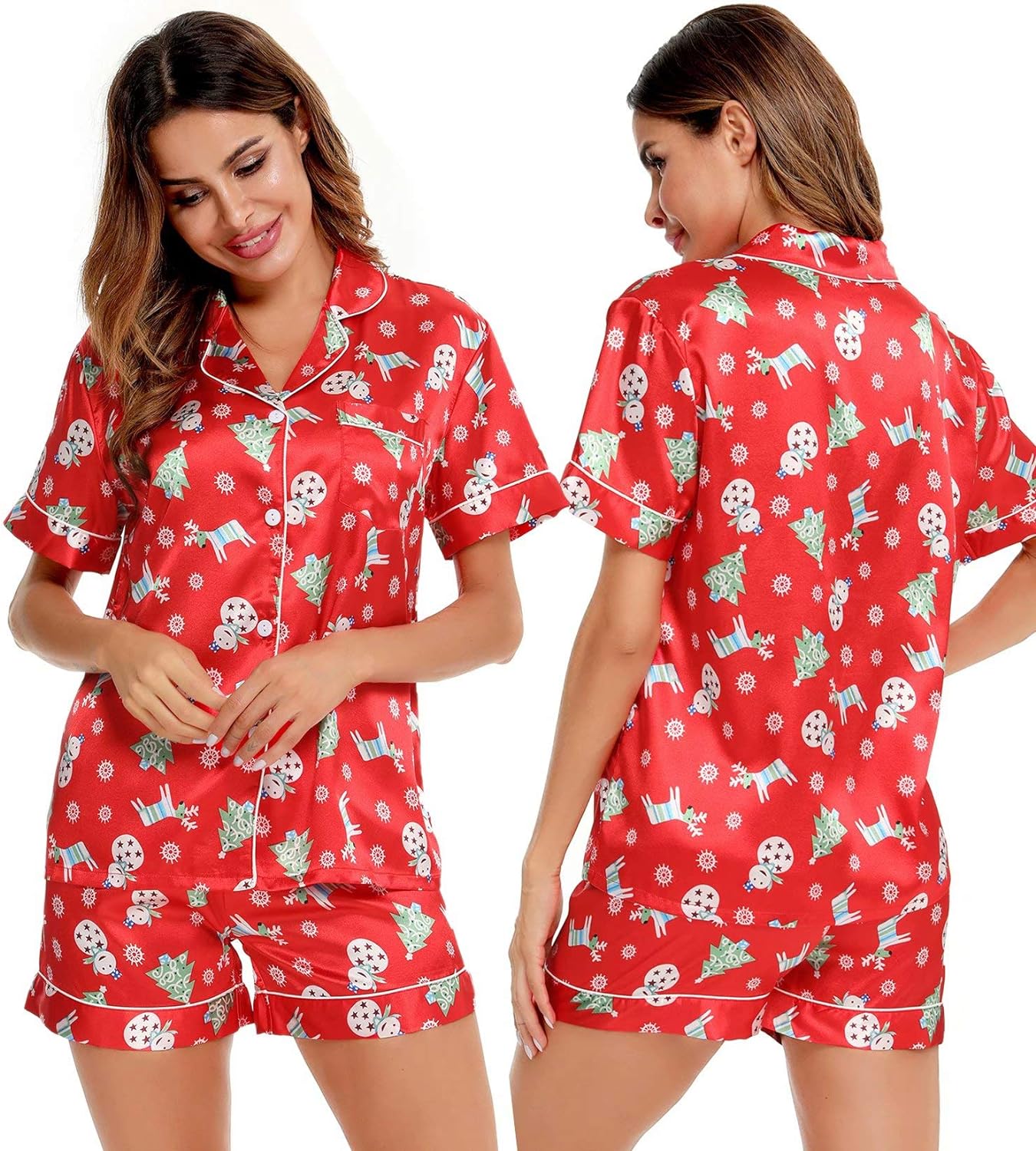 SWOMOG Womens Silk Satin Pajamas Set Two-piece Pj Sets Sleepwear Loungewear Button-Down Pj Sets