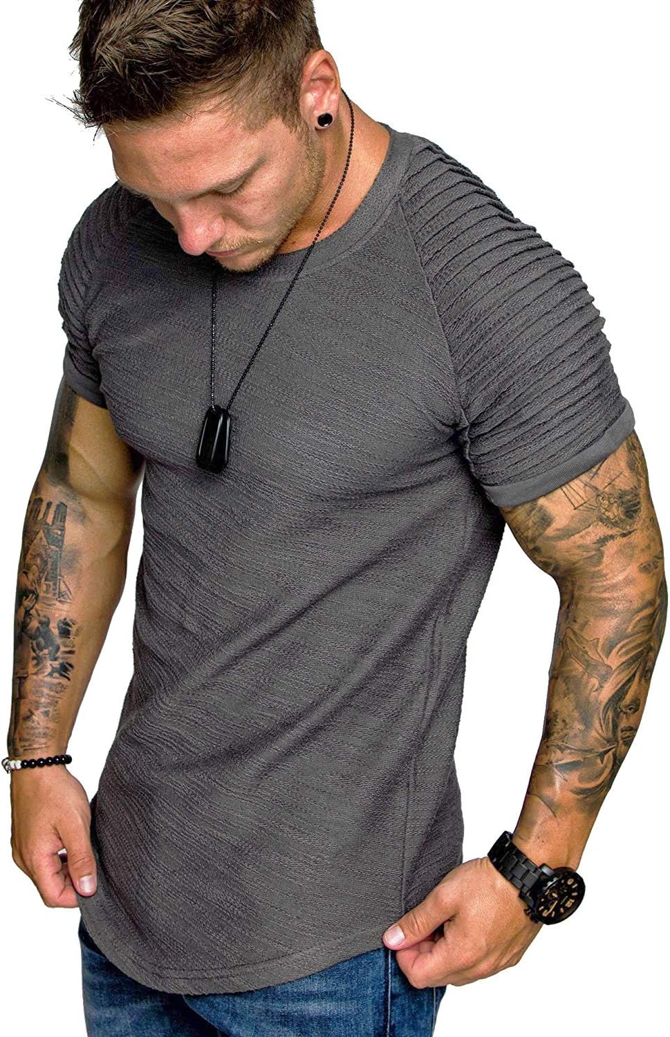 COOFANDY Men's Muscle T-Shirt Pleated Raglan Sleeve Bodybuilding Gym Tee Short Sleeve Fashion Workout Shirts Hipster Shirt