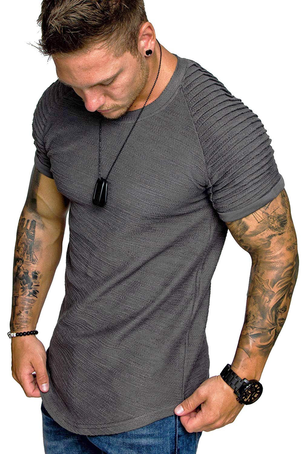 COOFANDY Men's Muscle T-Shirt Pleated Raglan Sleeve Bodybuilding Gym Tee Short Sleeve Fashion Workout Shirts Hipster Shirt