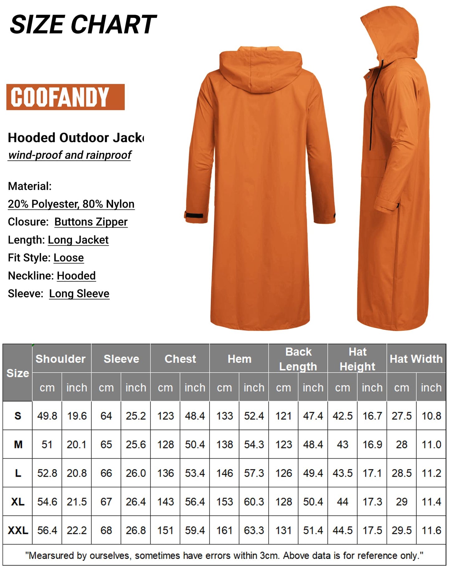 COOFANDY Men's Rain Jacket with Hood Waterproof Lightweight Active Long Raincoat