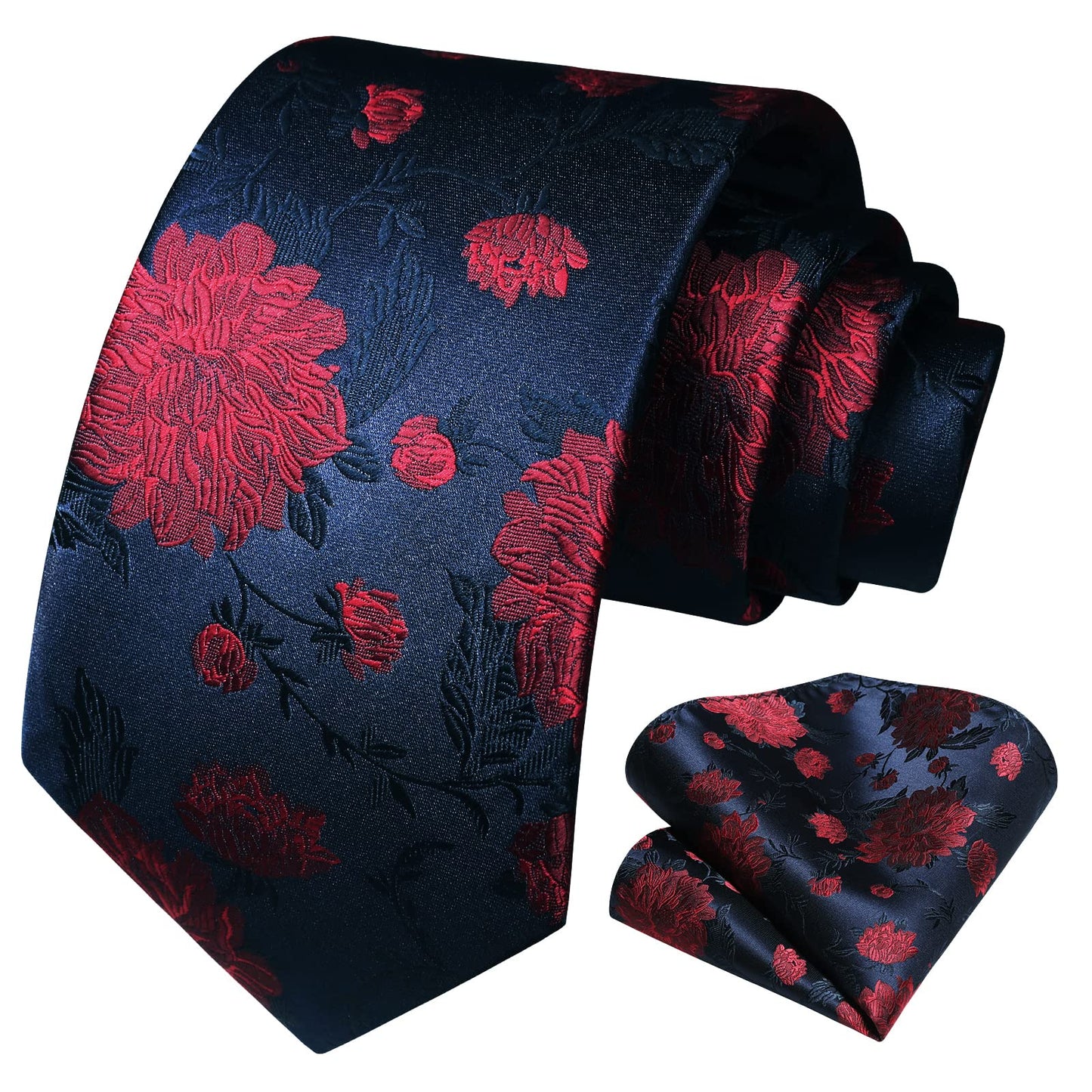 HISDERN Men Floral Ties Woven Classic 3.4" Necktie Set Formal tie Pocket Square for Wedding with Handkerchief Gift Box