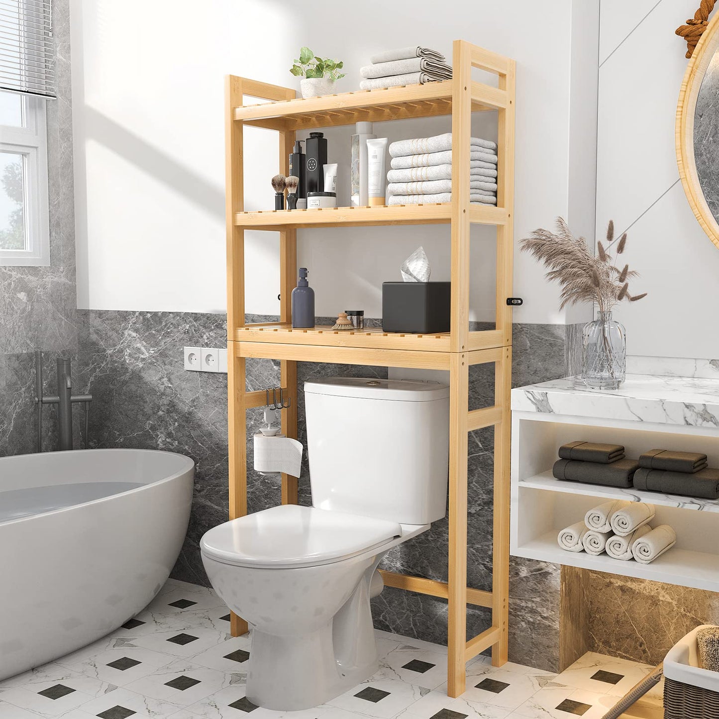 Homykic Over The Toilet Storage, Bamboo 3-Tier Over-The-Toilet Space Saver Organizer Rack, Stable Freestanding Above Toilet Stand with 3 Hooks for Bathroom, Restroom, Laundry, White