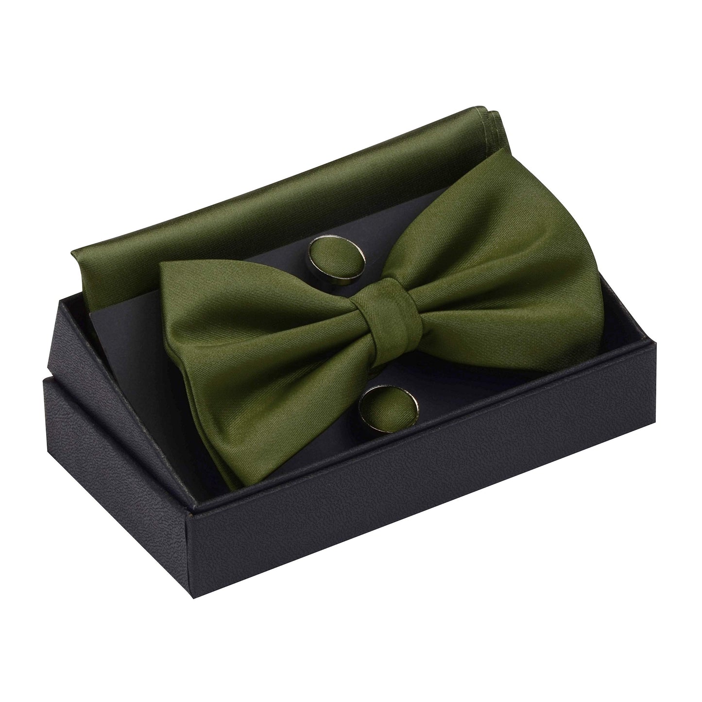 GUSLESON Mens Solid Color Double Fold Pre-tied Bow Tie and Pocket Square Cufflink Set with Gift Box