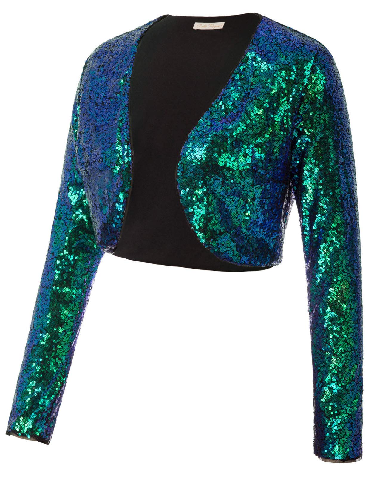 Belle Poque Women's Sequin Jacket Long Sleeve Open Front Glitter Cropped Blazer Bolero Shrug S-XXL