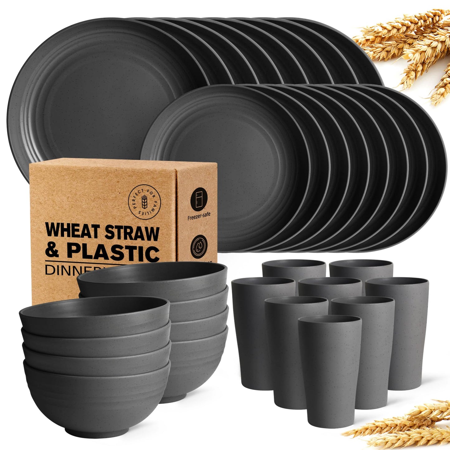 Teivio 32-Piece Kitchen Plastic Wheat Straw Dinnerware Set, Service for 8, Dinner Plates, Dessert Plate, Cereal Bowls, Cups, Unbreakable Colorful Plastic Outdoor Camping Dishes, Black