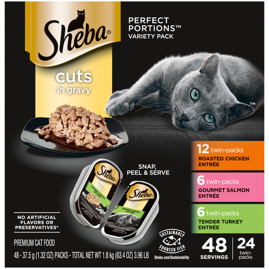 SHEBA Perfect Portions Cuts in Gravy Wet Cat Food Trays (24 Count, 48 Servings), Roasted Chicken, Gourmet Salmon and Tender Turkey Entrée Variety Pack, Easy Peel Twin-Pack Trays