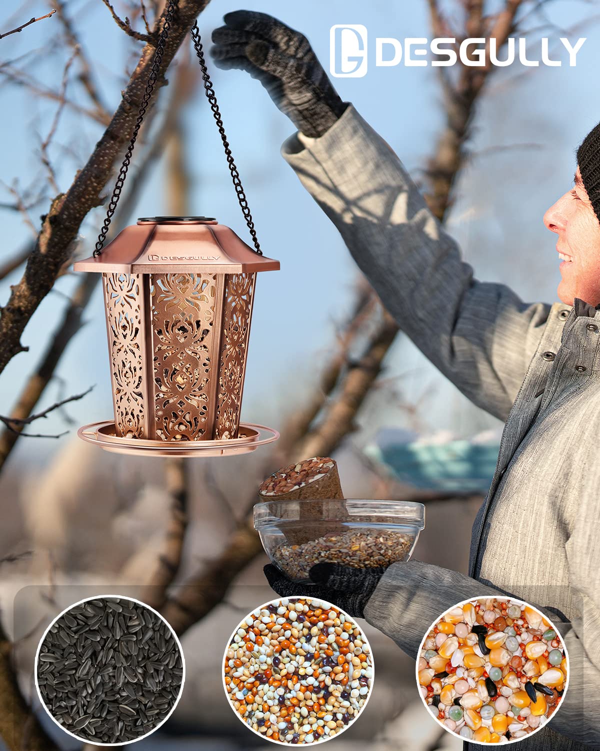 Solar Bird Feeders for Outdoors Hanging - Premium Grade Metal Bird Feeder, Chew-Proof, Weather and Water Resistant Wild Bird feeders, Outside and Garden Decoration-New