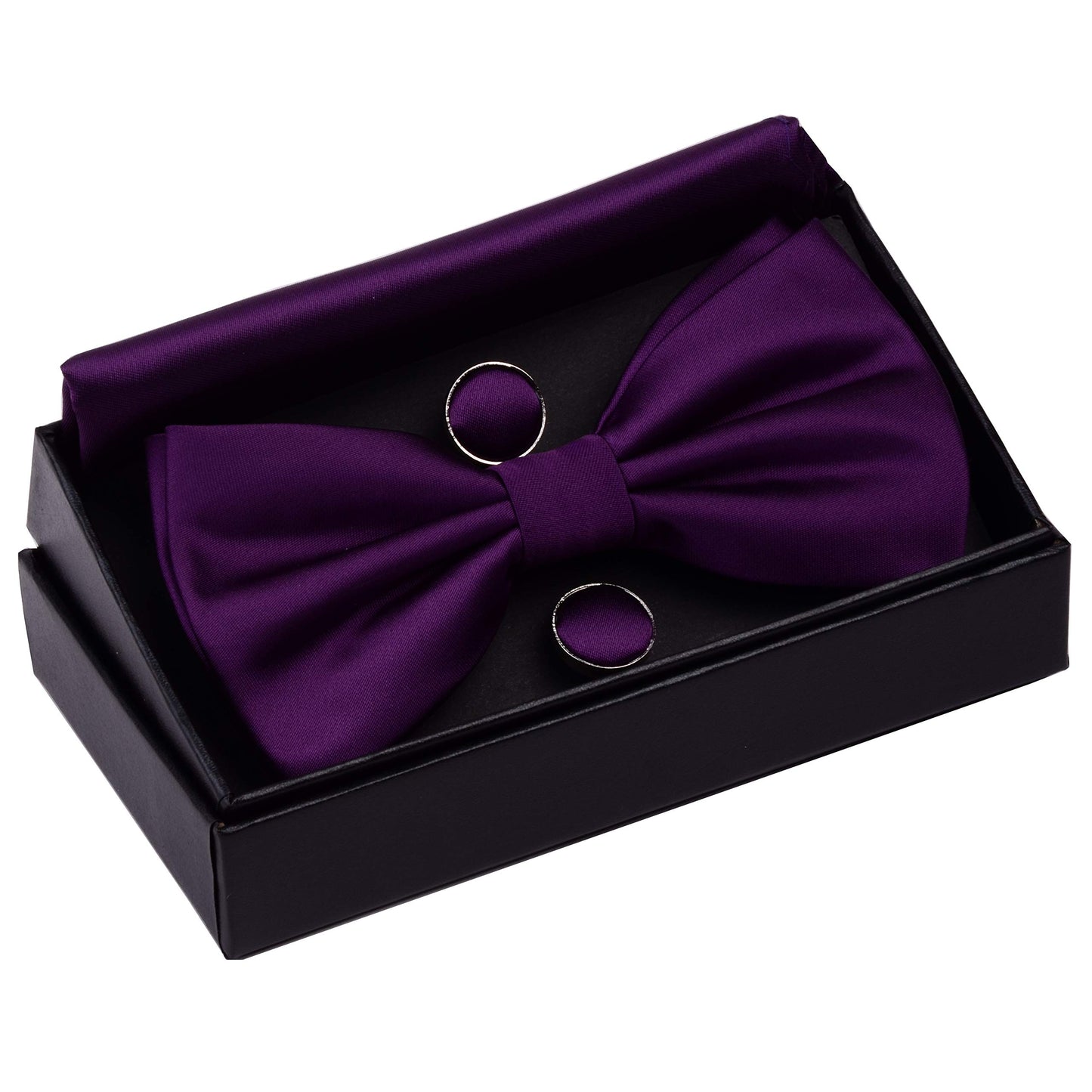 GUSLESON Mens Solid Color Double Fold Pre-tied Bow Tie and Pocket Square Cufflink Set with Gift Box