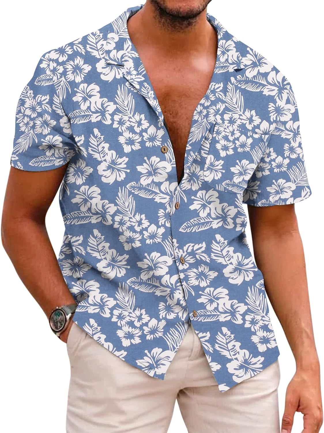 COOFANDY Men's Hawaiian Floral Shirts Cotton Linen Button Down Tropical Holiday Beach Shirts