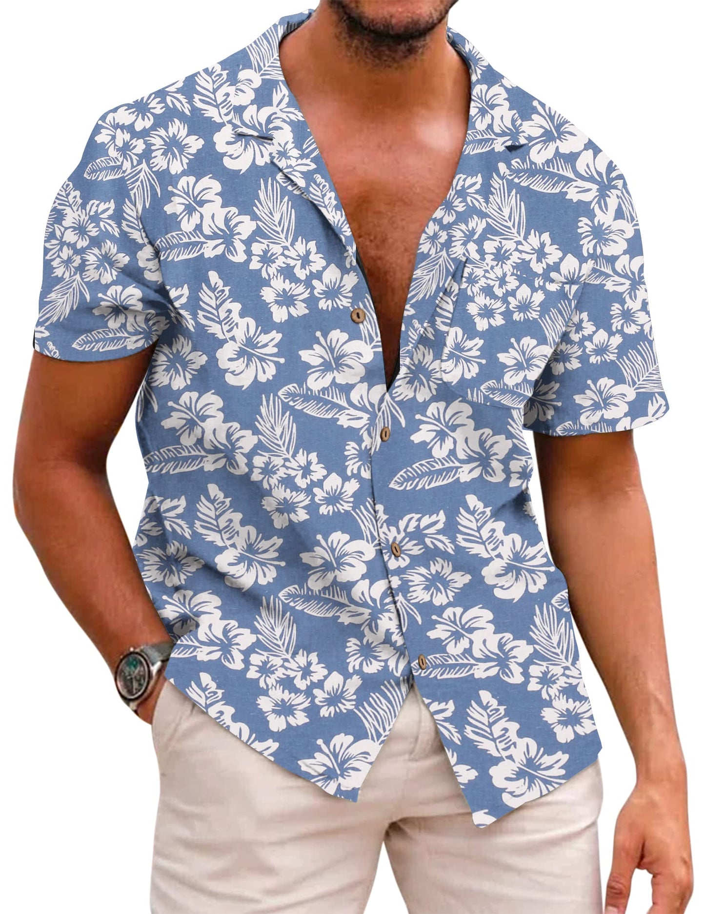 COOFANDY Men's Hawaiian Floral Shirts Cotton Linen Button Down Tropical Holiday Beach Shirts