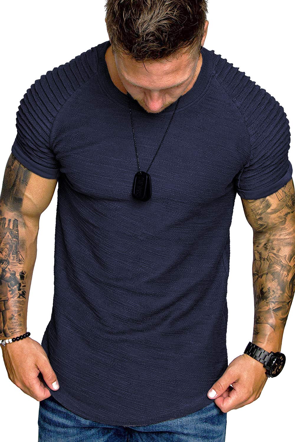 COOFANDY Men's Muscle T-Shirt Pleated Raglan Sleeve Bodybuilding Gym Tee Short Sleeve Fashion Workout Shirts Hipster Shirt