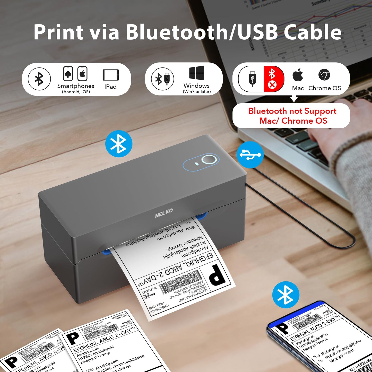 Nelko Bluetooth Thermal Shipping Label Printer, Wireless 4x6 Shipping Label Printer for Shipping Packages, Support Android, iPhone and Windows, Widely Used for Amazon, Ebay, Shopify, Etsy, USPS